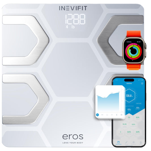 INEVIFIT EROS - Báscula digital de baño con Bluetooth y aplicación inalámbrica para smartphone (400 libras, 11,8 x 11,8 pulgadas), Blanco, Large Platform 11.8"X11.8"
