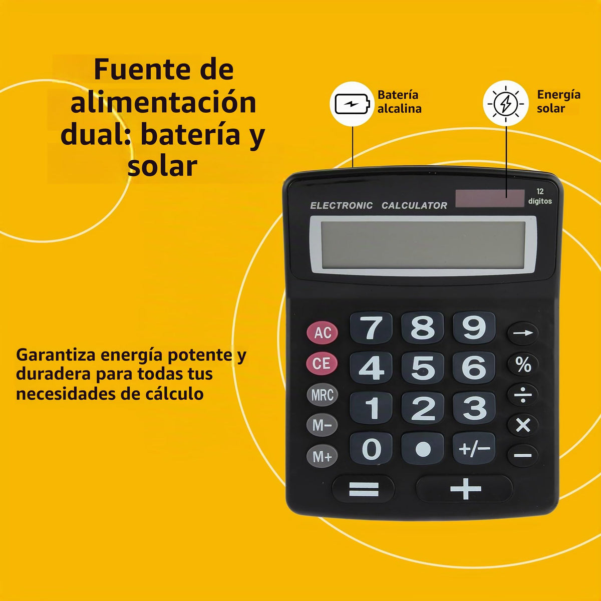 Calculadora Jumbo de 12 Dígitos Lily' Home Negra con Energía Solar y Pantalla LCD Grande