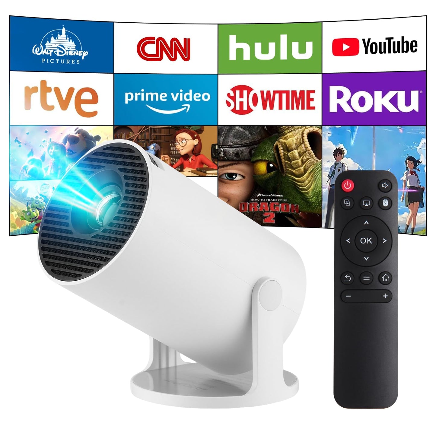 Mini proyector 4K Smart Home Cinema con Android 11, WiFi6 2.4/5G, Bluetooth5.4, corrección trapezoidal coche, rotación 180°, pantalla 130 pulgadas para teléfono/PC/Lap