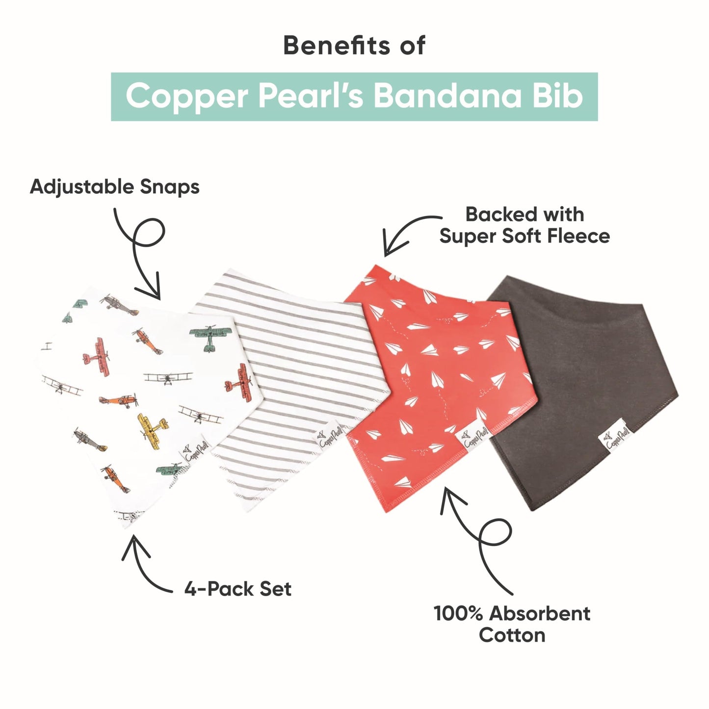 Copper Pearl - Paquete de 4 baberos de algodón suave para babeo y dentición, baberos absorbentes para bebés y niños, ajustables para adaptarse a recién nacidos a niños pequeños, toneladas de estilos