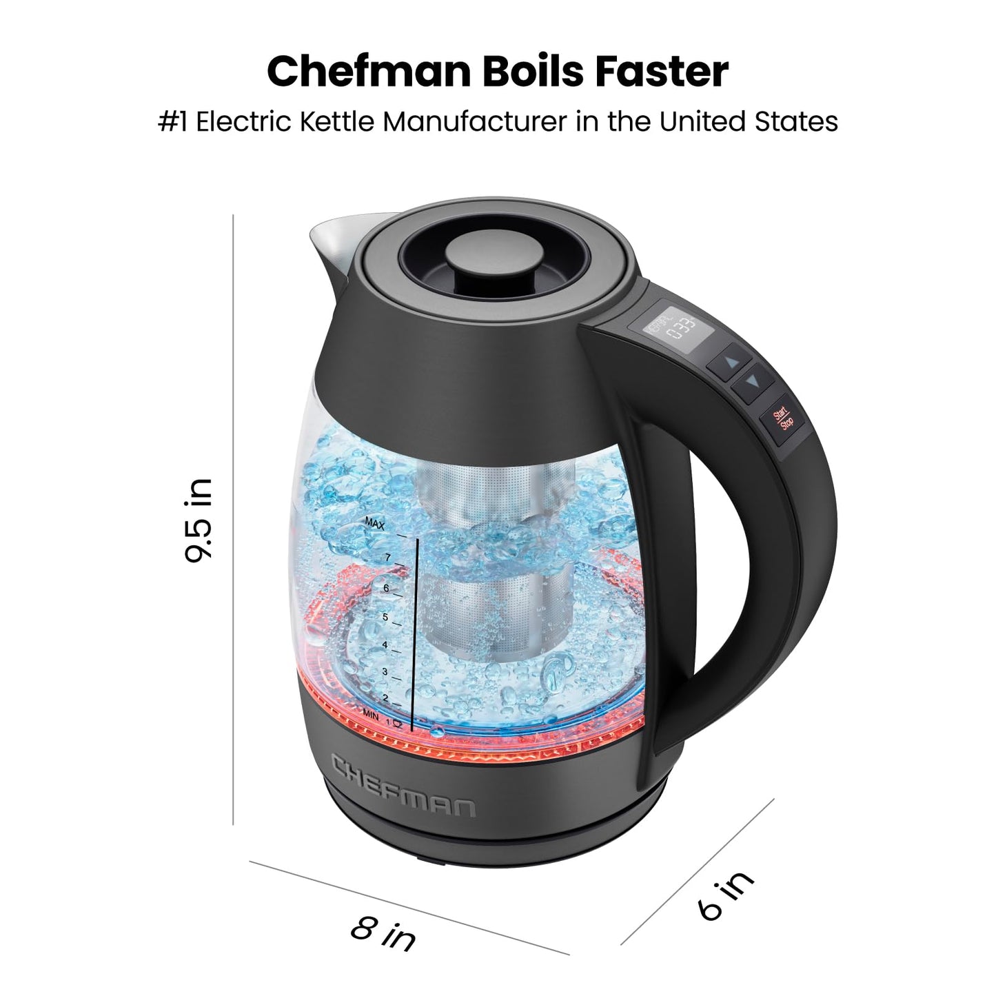 Chefman - Hervidor eléctrico digital con tecnología de ebullición rápida de 3 minutos, temporizador de empinada personalizado y preajustes de temperatura, infusor de té adicional, a prueba de óxido y
