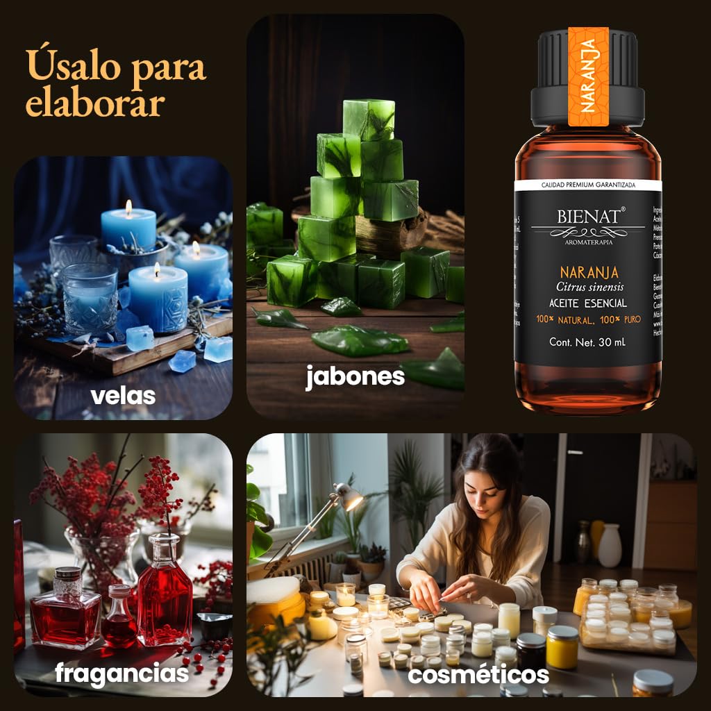 BIENAT AROMATERAPIA Aceite Esencial de Naranja 30mL | 100% Puro y Concentrado | Ideal para Difusor de Aromas, Humidificador, Aromaterapia, Masajes, Meditación, Jabones y Velas | Esencia Natural en Gotas