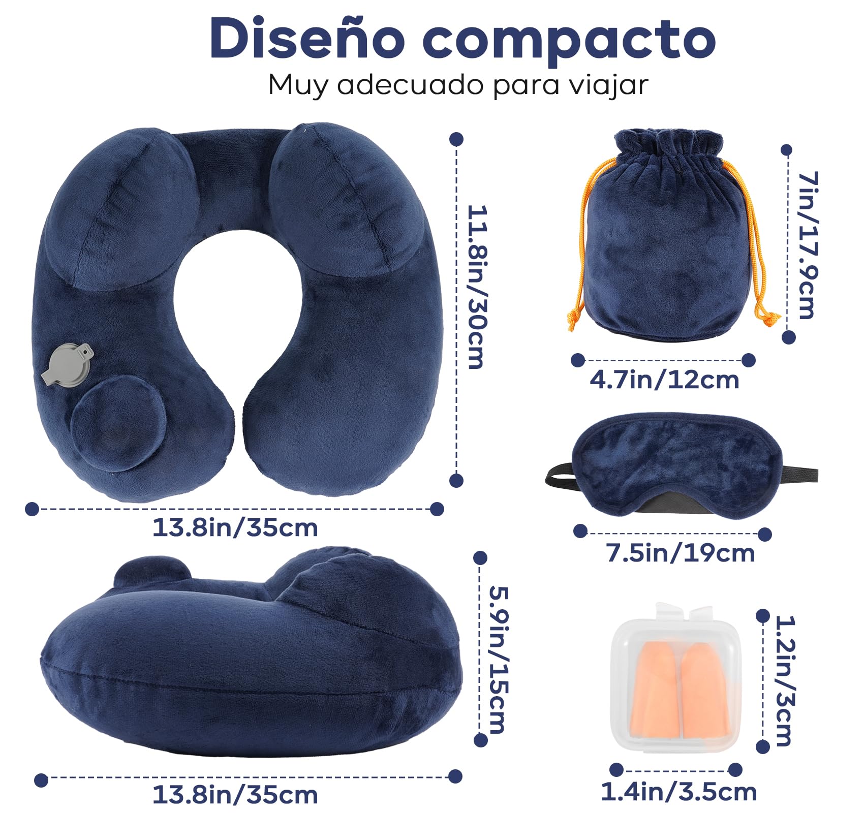 Almohada de Viaje 4 en 1, Almohada de Cuello,Almohada Avion Viaje Inflable con Máscara de Ojos,Tapones para Los Oídos Ruidosos,Bolsa con Cordón, Soporte de Cuello,para Avión,Oficina, Automóviles,Hogar