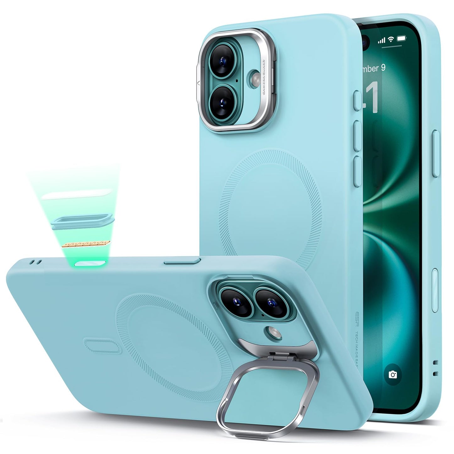 ESR - Funda para iPhone 16 de silicona con botón de control de cámara y soporte, compatible con MagSafe, soporte para cámara integrado, magnética, para iPhone 16 Pro Max, serie Cloud, verde azulado
