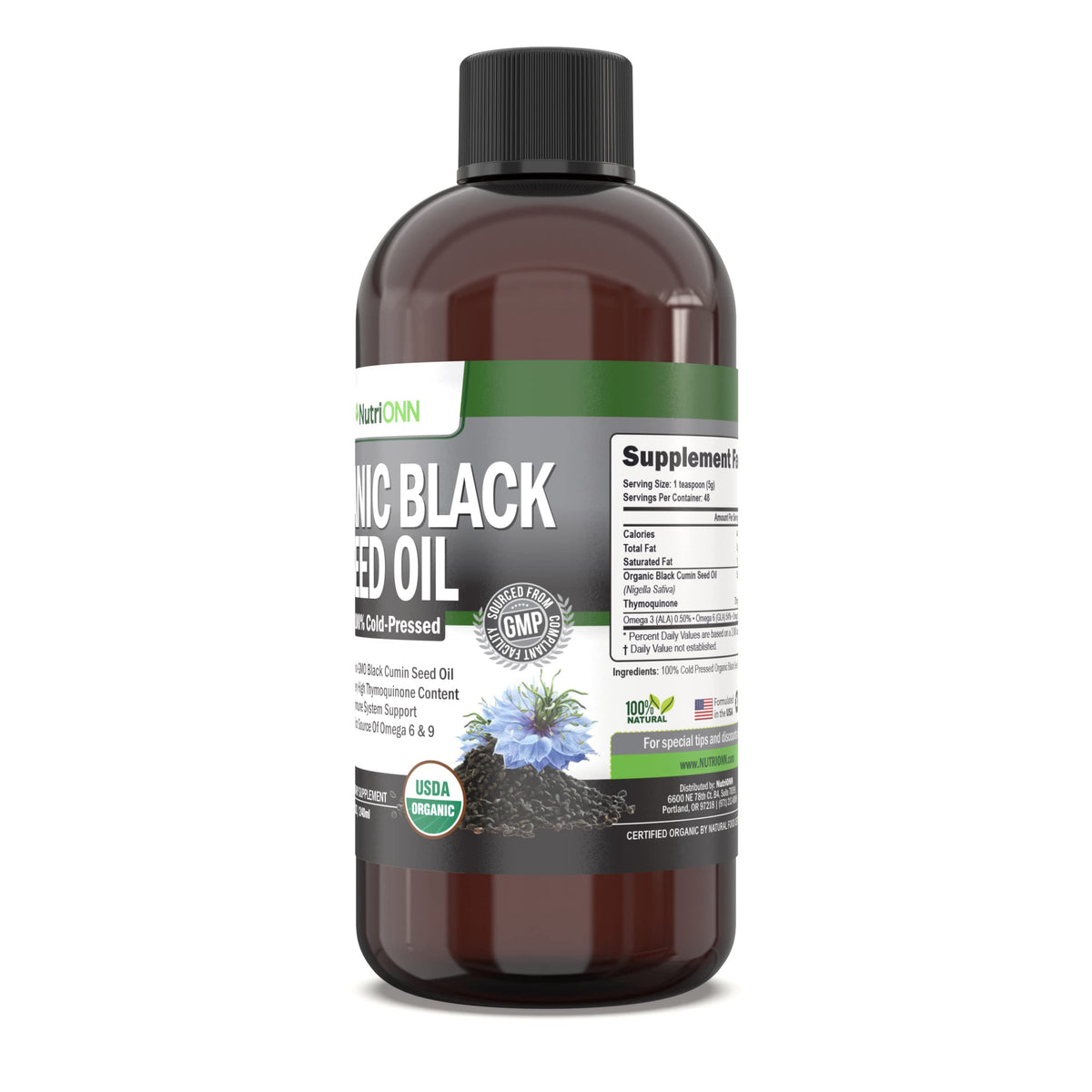 NutriONN Aceite De Semilla Negra Orgánico - Aceite De Semilla De Comino Negro Líquido Orgánico Certificado Por La Usda - Alto Contenido De Timoquinona - Sin Ogm Y Prensado En Frío - Rica Fuente De Áci
