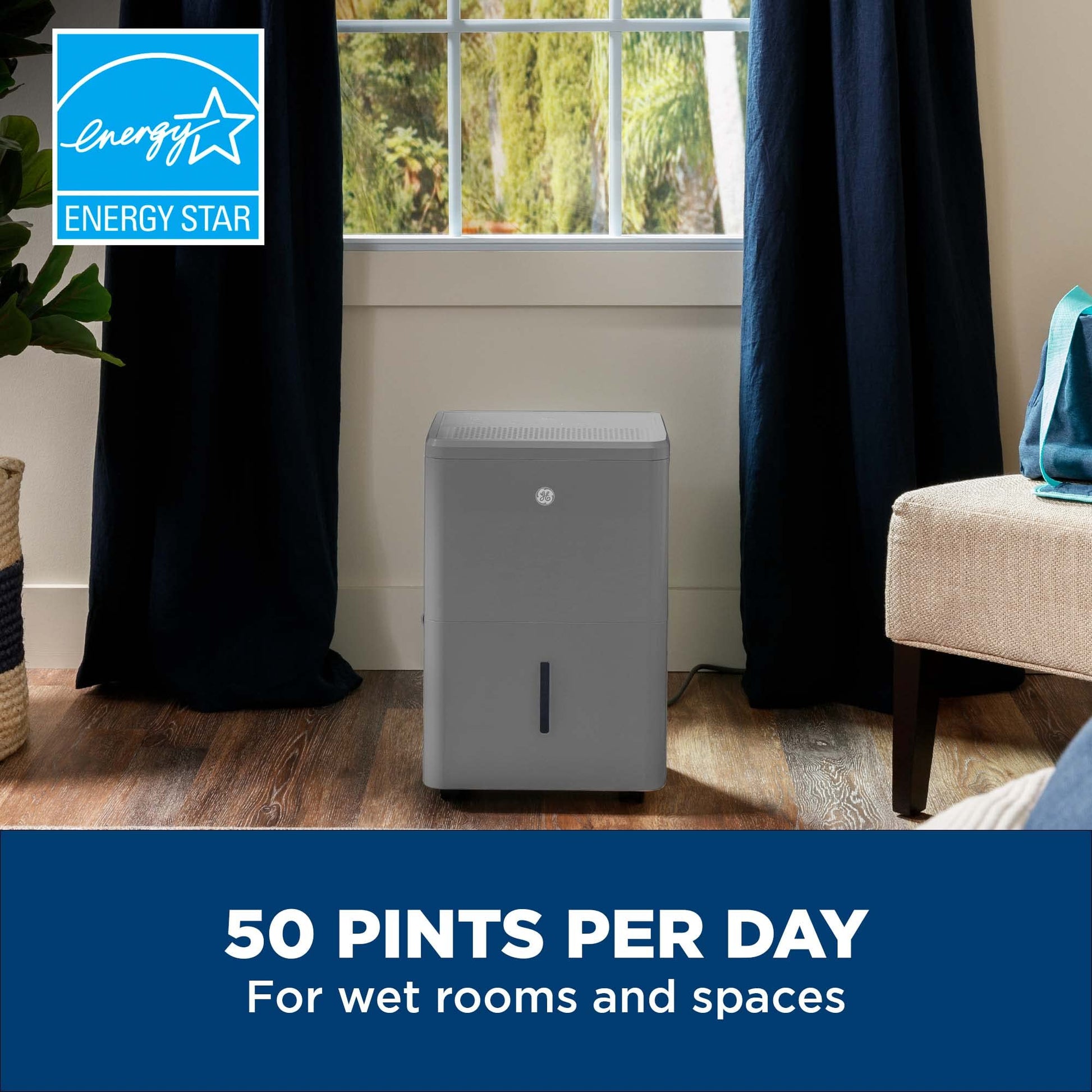 GE Smart Energy Star Deshumidificador portátil con WiFi para sótano, recámara, baño, cochera, habitaciones grandes de hasta 4500 pies cuadrados, 50 pintas con cubeta extraíble y conexión de drenaje
