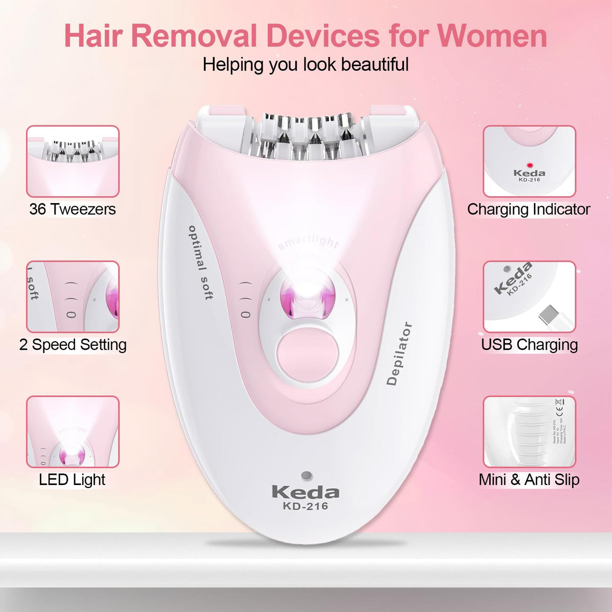 Smooth Glide Depiladora para mujer, depiladoras con luz LED, dispositivo de depilación facial de 2 velocidades, con una almohadilla de masaje vibrante y 36 pinzas para axila, brazo, pierna, bikini