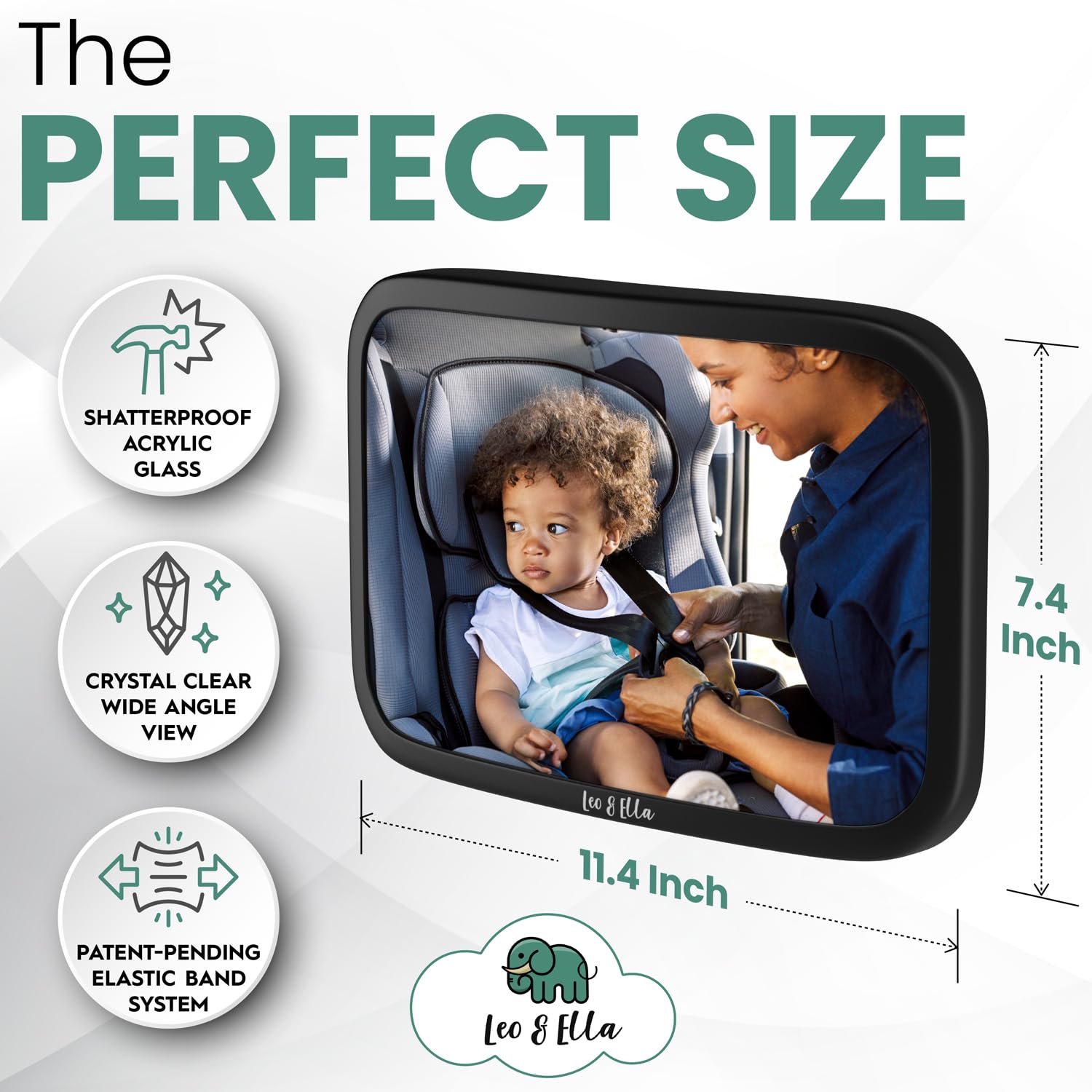 Leo and Ella - Tesla - Espejo de coche fijo para bebé, espejo de coche extragrande para bebé, montaje de seguridad inastillable y ajustable con correa elástica