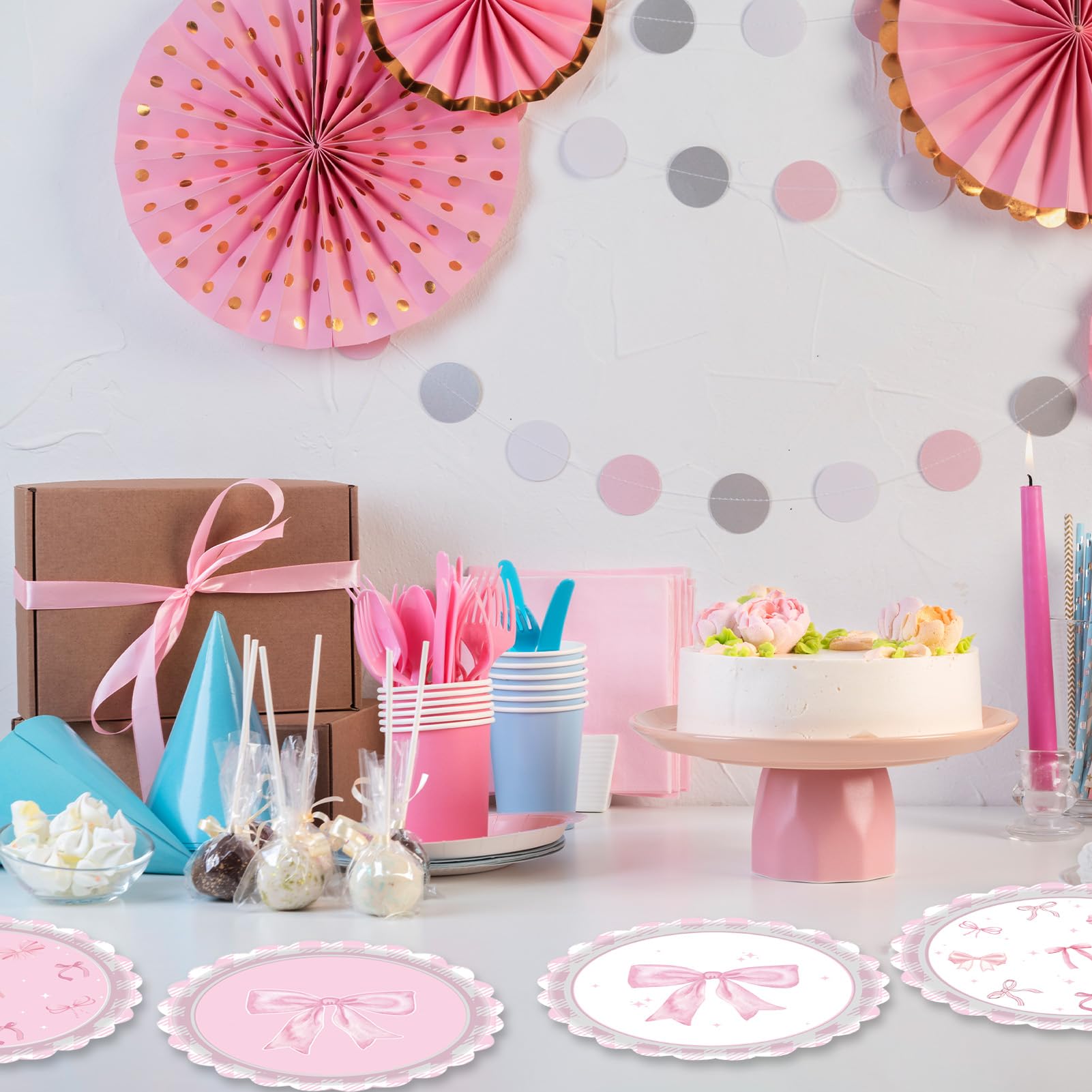 Funhax - 32 piezas de moño rosa para decoración de cumpleaños con lazo rosa, decoración de fiesta de cumpleaños, platos de papel para niña, coqueta, baby shower, suministros de fiesta de boda