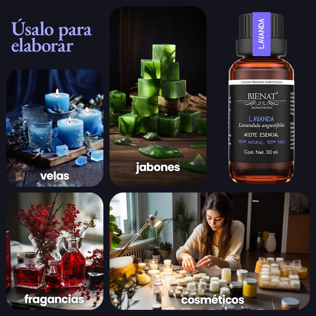 BIENAT AROMATERAPIA Aceite Esencial de Lavanda 30mL | 100% Puro y Concentrado | Ideal para Difusor de Aromas, Humidificador, Aromaterapia, Masajes, Meditación, Jabones y Velas | Esencia Natural en Gotas