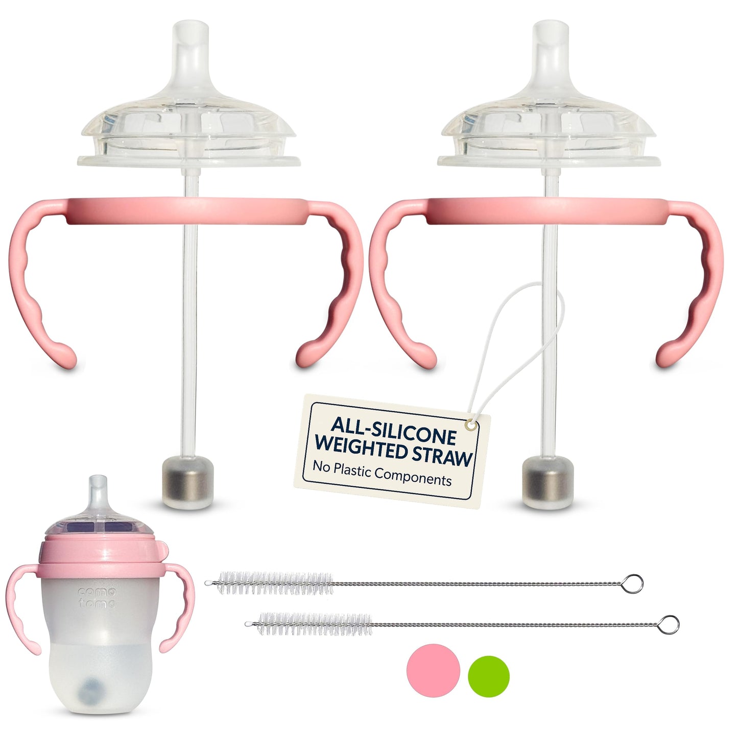 Kit de conversión de tazas de paja para biberones Comotomo de 2 unidades, pezones de silicona de grado alimenticio, popotes con peso de silicona, asas de biberón, cepillo para polvo de limpieza, sin