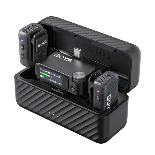 BOYA BOYAMIC 2 Micrófonos Inalámbricos para iPhone 15–16/Android/PC/Cámara, Cancelación de Ruido con IA, Grabación Interna en 32-bit Float, AMOLED, 300 m y 54 h con Estuche de Carga para Grabación