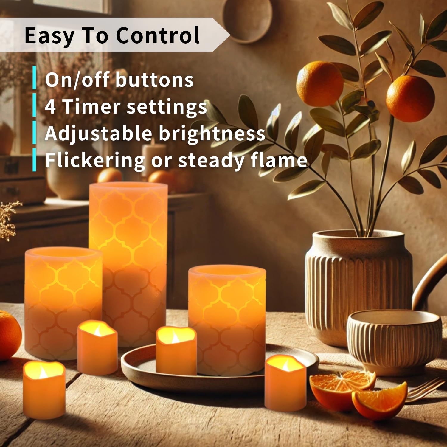 Furora Lighting - Velas LED de cera real, control remoto y temporizador, paquete de 8 (4 pilares y 4 votivas), velas sin llama con parpadeo para el hogar, incluye pilas, naranja, (Orange Nordic)