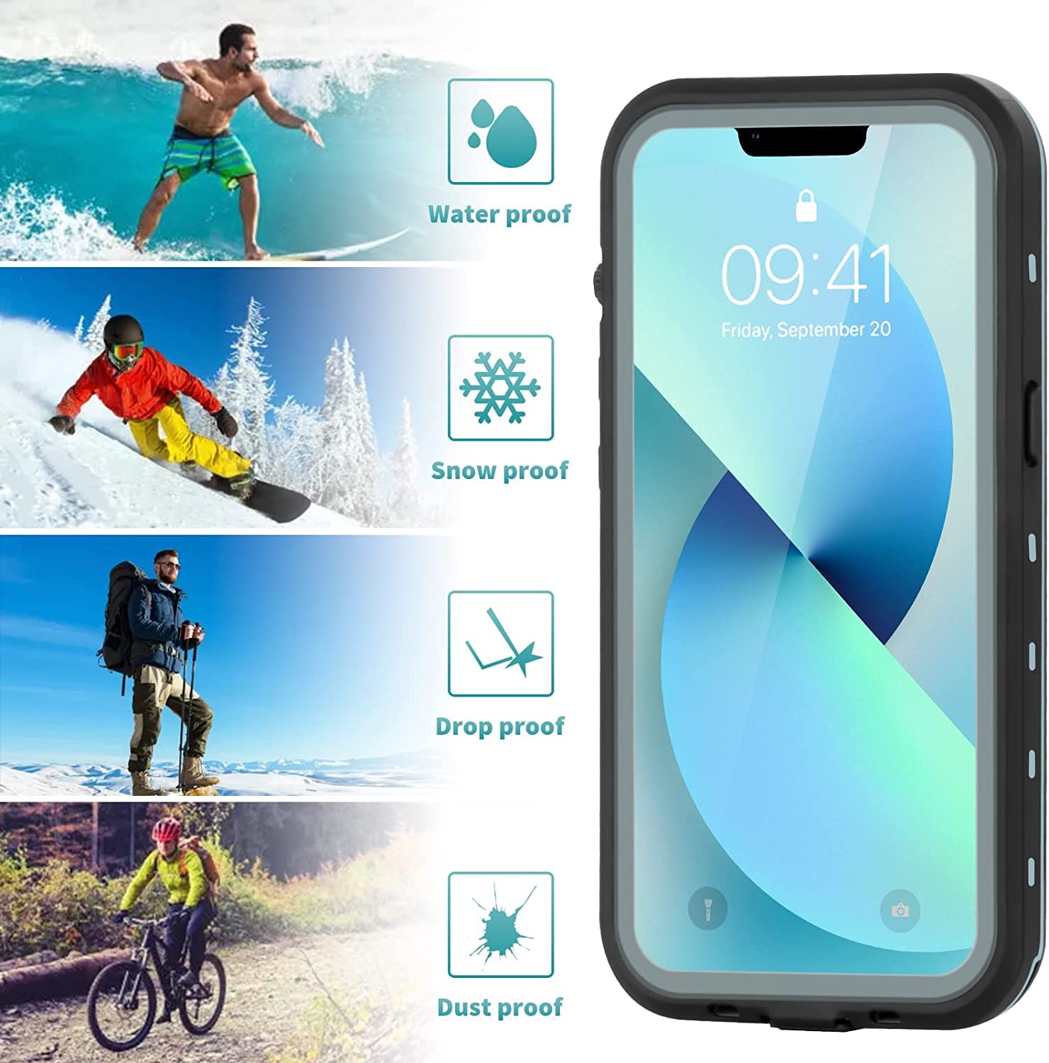 Hertekdo Funda para iPhone 13, Funda Impermeable IP68 para iPhone 13, iPhone 13 Funda con Kickstand, Carcasa Protección Resistente Impactos TPU+PC Case, Adecuado para Buceo, Natación, Senderismo