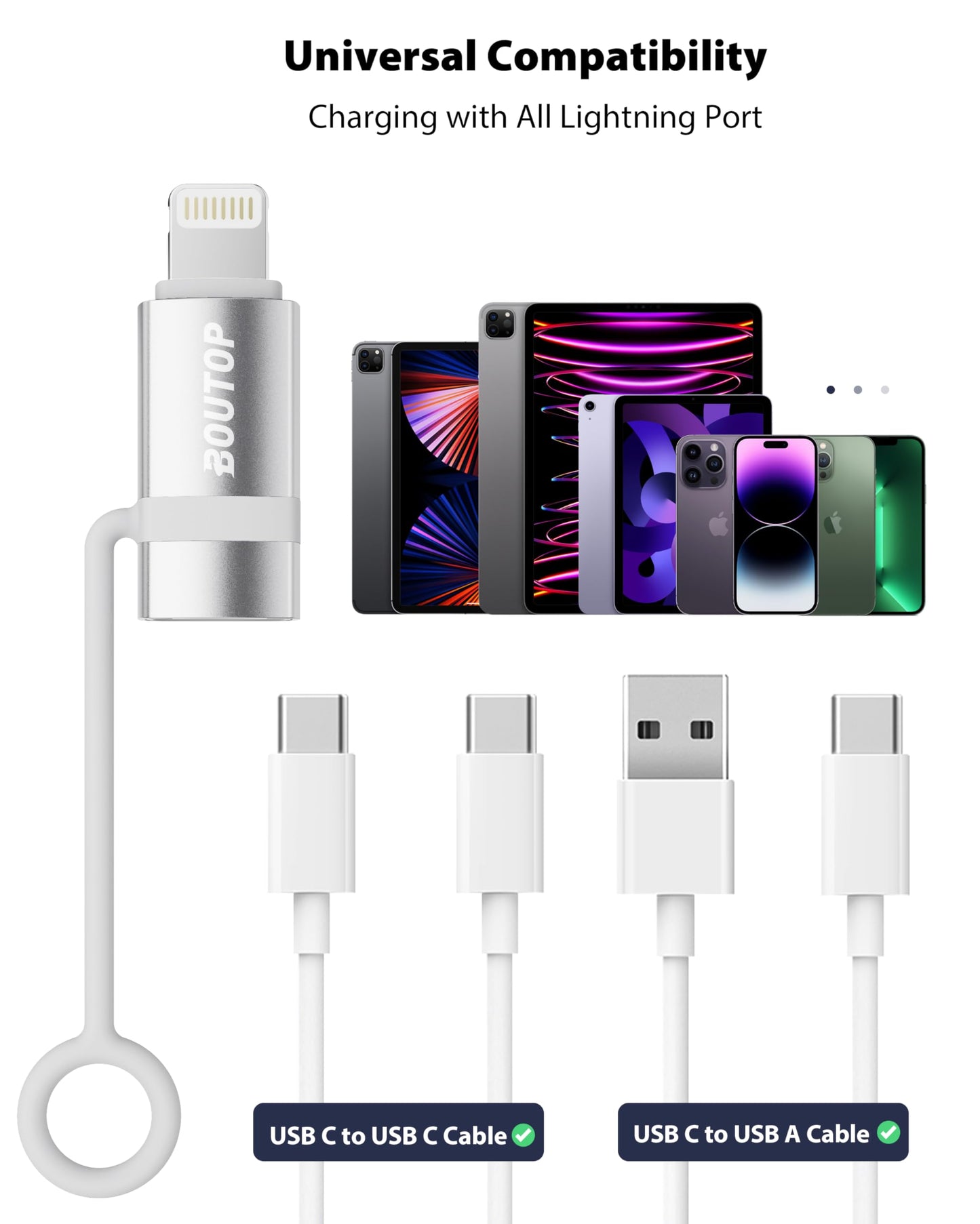 BOUTOP [Certificado MFi] Adaptador USB C a Lightning, tipo C a adaptador Lightning compatible con 36 W PD de carga rápida compatible con iPhone iPad plateado, paquete de 3