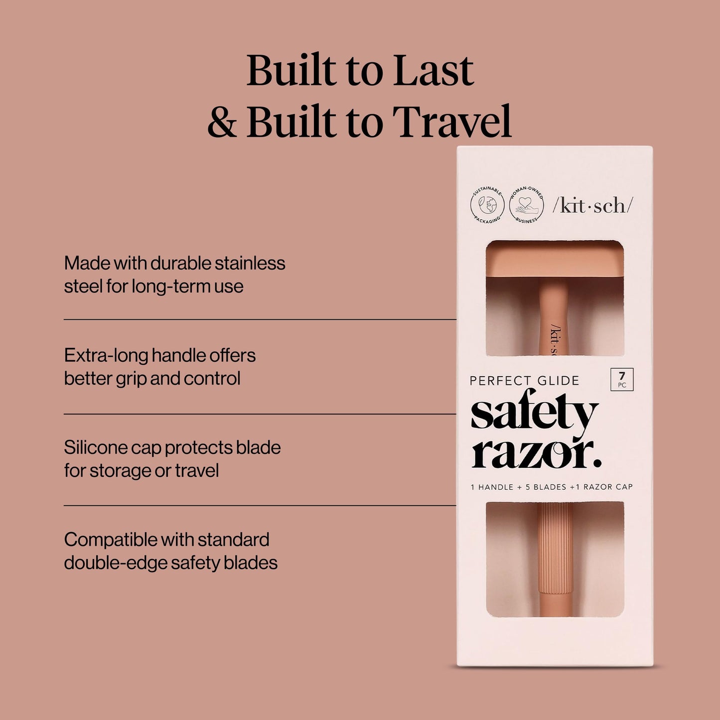 Kitsch- Kit de maquinilla de afeitar de seguridad de doble filo para mujeres y hombres, mango largo de metal y hoja única de acero inoxidable, Razo