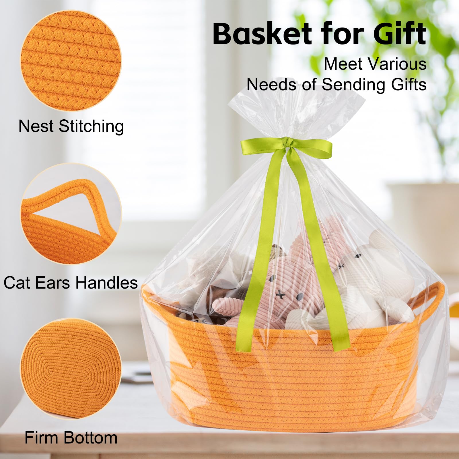 OIAHOMY - Cesta de regalo vacía con bolsas de regalo y cintas, cesta de cuerda para baby shower, cesta de almacenamiento con asas para guardería, cesta de juguetes para mascotas, color naranja
