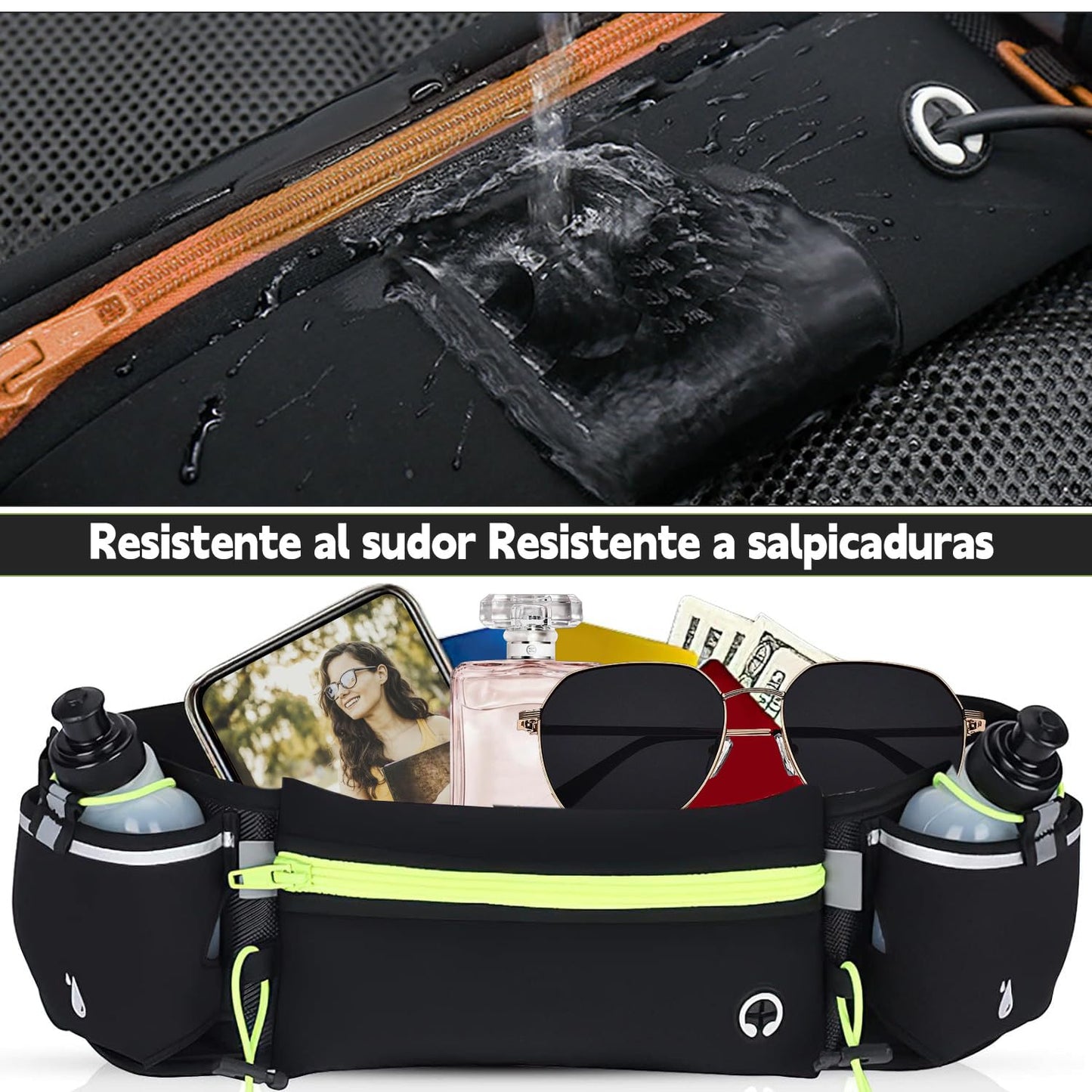 Cangurera Deportiva, Riñonera Deportiva con 2 Botellas de Agua, Riñonera Impermeable Reflectante con Cinturón Regulable, Ideal para Ciclismo, Correr, Deportes al Aire Libre. (1, Verde, Medium)