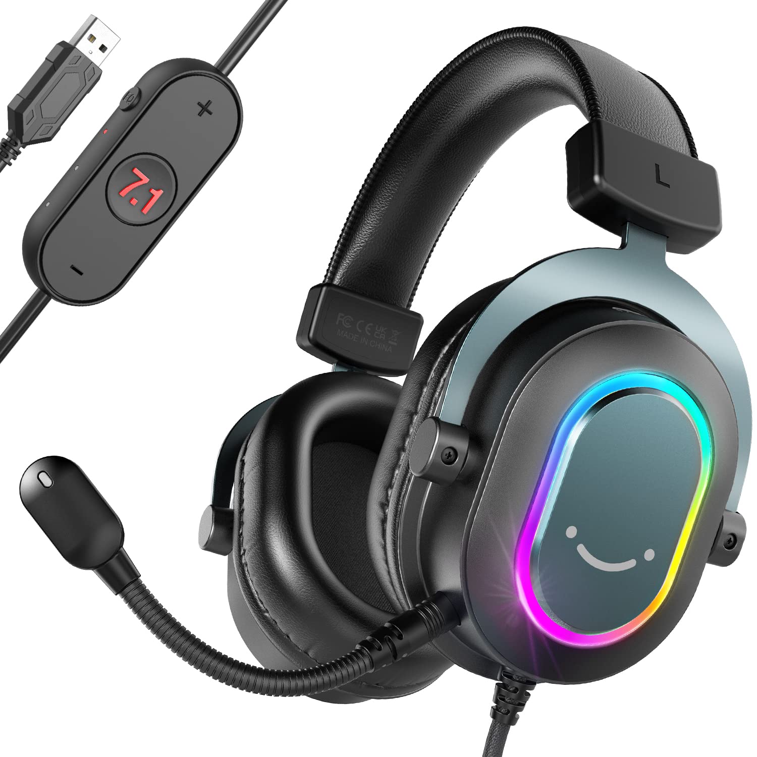 Fifine Gaming Headset for PC-Wired Headphones with Microphone-7.1 Surround Sound Computer USB Headset for Laptop, Streaming Headphones Compatible con PS4/PS5, with EQ Mode, RGB, Soft Ear Pads-H6