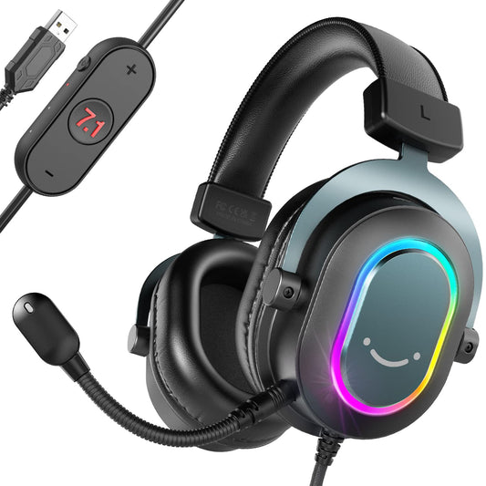 Fifine Gaming Headset for PC-Wired Headphones with Microphone-7.1 Surround Sound Computer USB Headset for Laptop, Streaming Headphones Compatible con PS4/PS5, with EQ Mode, RGB, Soft Ear Pads-H6