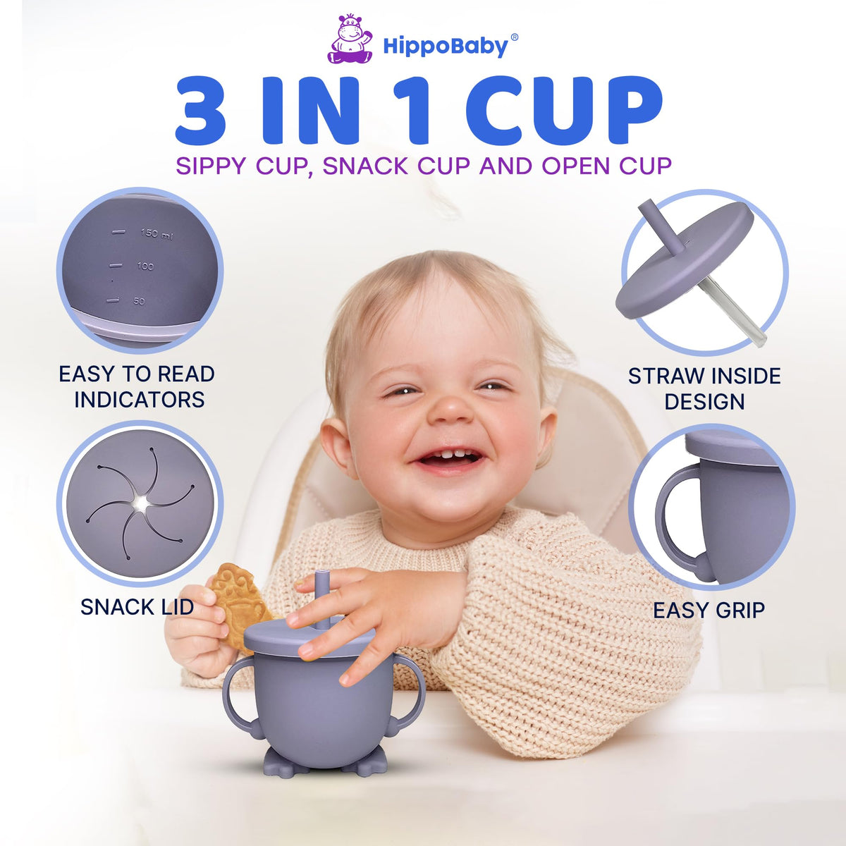 HippoBaby Suministros para Alimentación Guiada del Bebé | Juego de Alimentación de Silicona de 10 Piezas | Juego de Vajilla para Bebé y Niño Pequeño con Babero, Taza, Plato Dividido y Cuenco