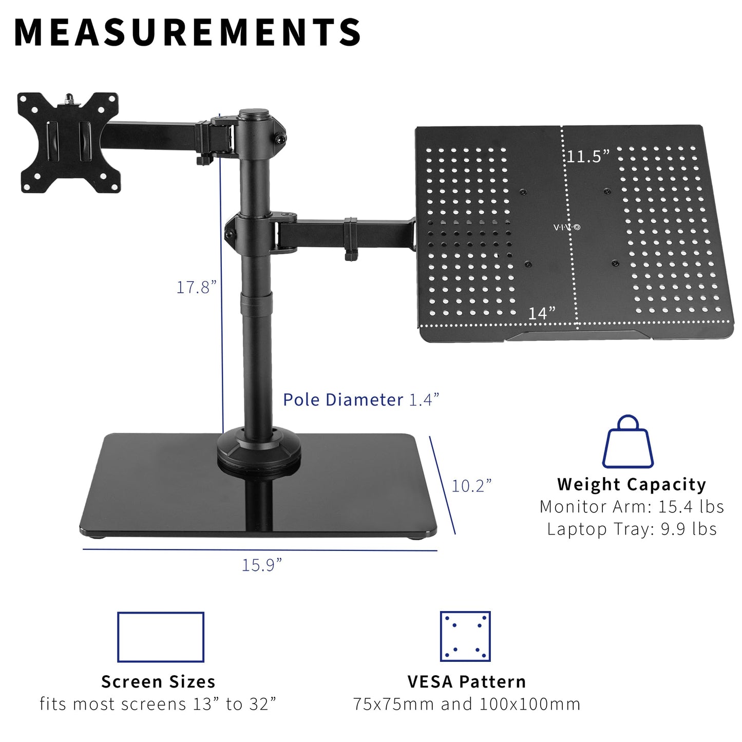 Soporte para Monitor y Portátil Vivo Negro con Base de Vidrio, Adaptable hasta 32 Pulgadas