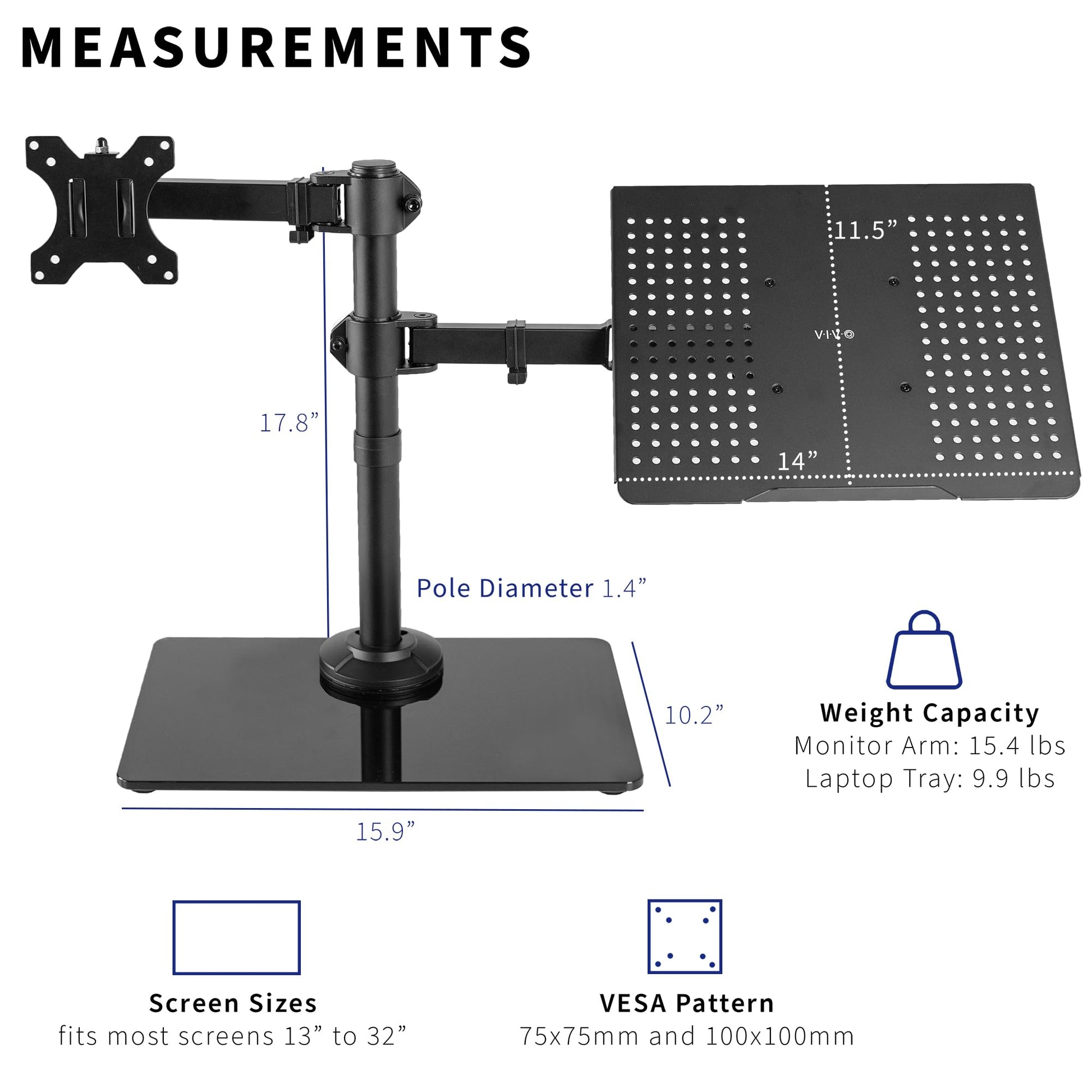 Soporte para Monitor y Portátil Vivo Negro con Base de Vidrio, Adaptable hasta 32 Pulgadas