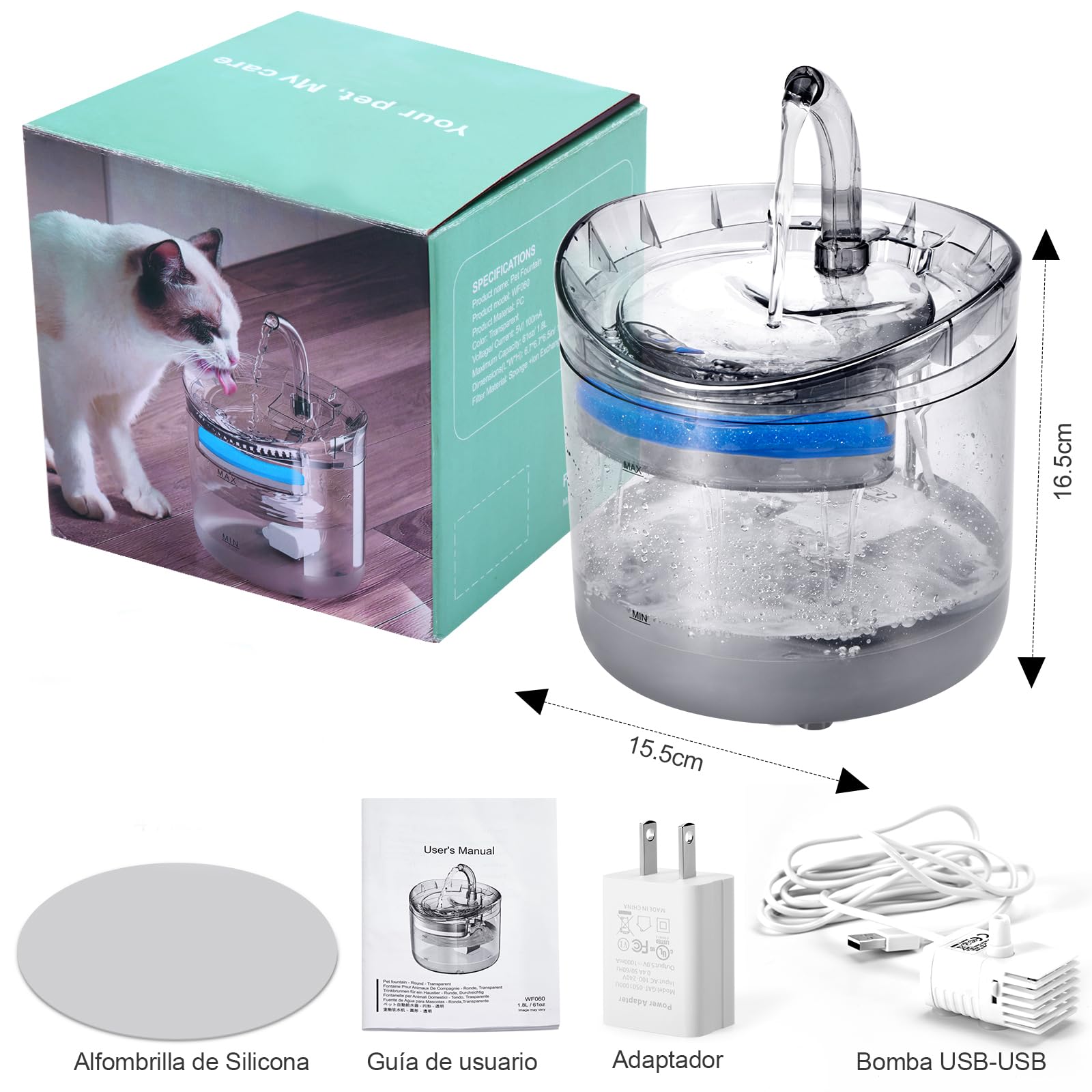 Fuente De Agua Para Gato y Perro, 2L Dispensador de Agua para Perros, Fuente de Agua Potable para Mascotas,Con 1 Filtros de Repuesto, Una Bomba Ajustable,Una Alfombrilla de Silicona Para Alimentos