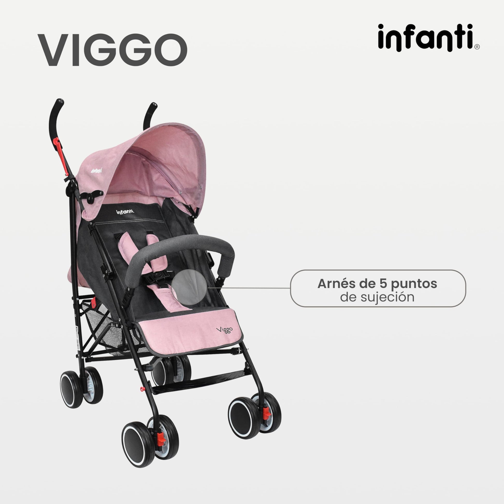 INFANTI | Carriola para Bebe VIGGO - Rosa | Carriola de Viaje - Carrito para Bebe | Cosas para Bebes 6 Meses hasta 20 kg - Compacta y Plegable | Carriola con Toldo extensible y Arnés de Seguridad