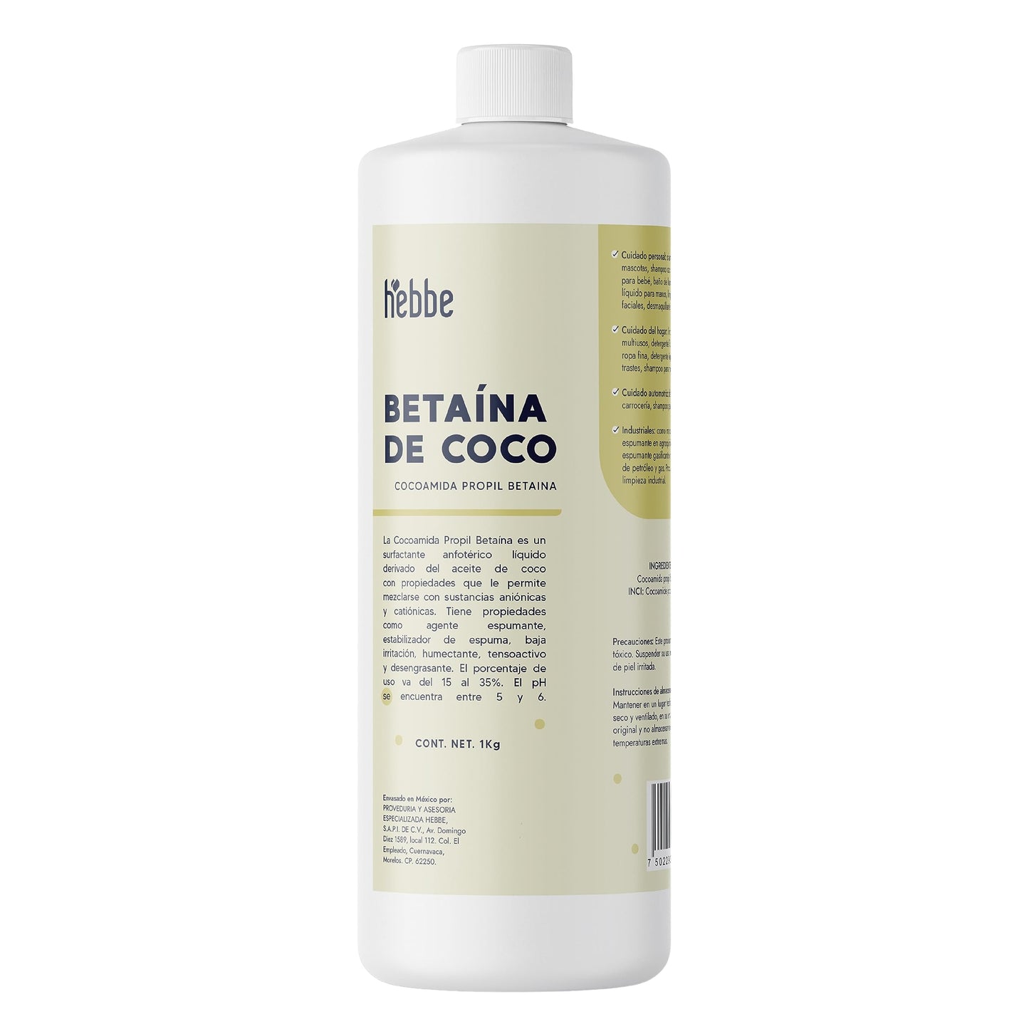 HEBBE Betaína de Coco 1 kg | Tensoactivo Anfótero Suave | Agente Espumante | Reduce Irritación | Soluble en Agua y Etanol | pH 5-8