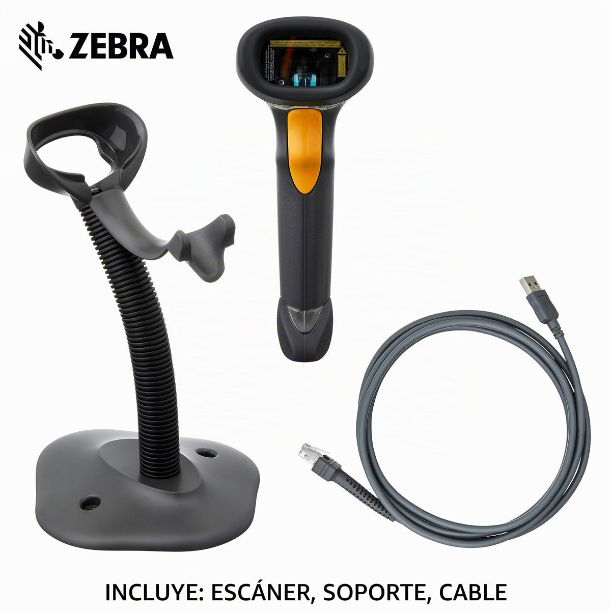 Escáner Láser de Mano Zebra Negro Crepúsculo con Cable y Soporte de Cuello de Cisne