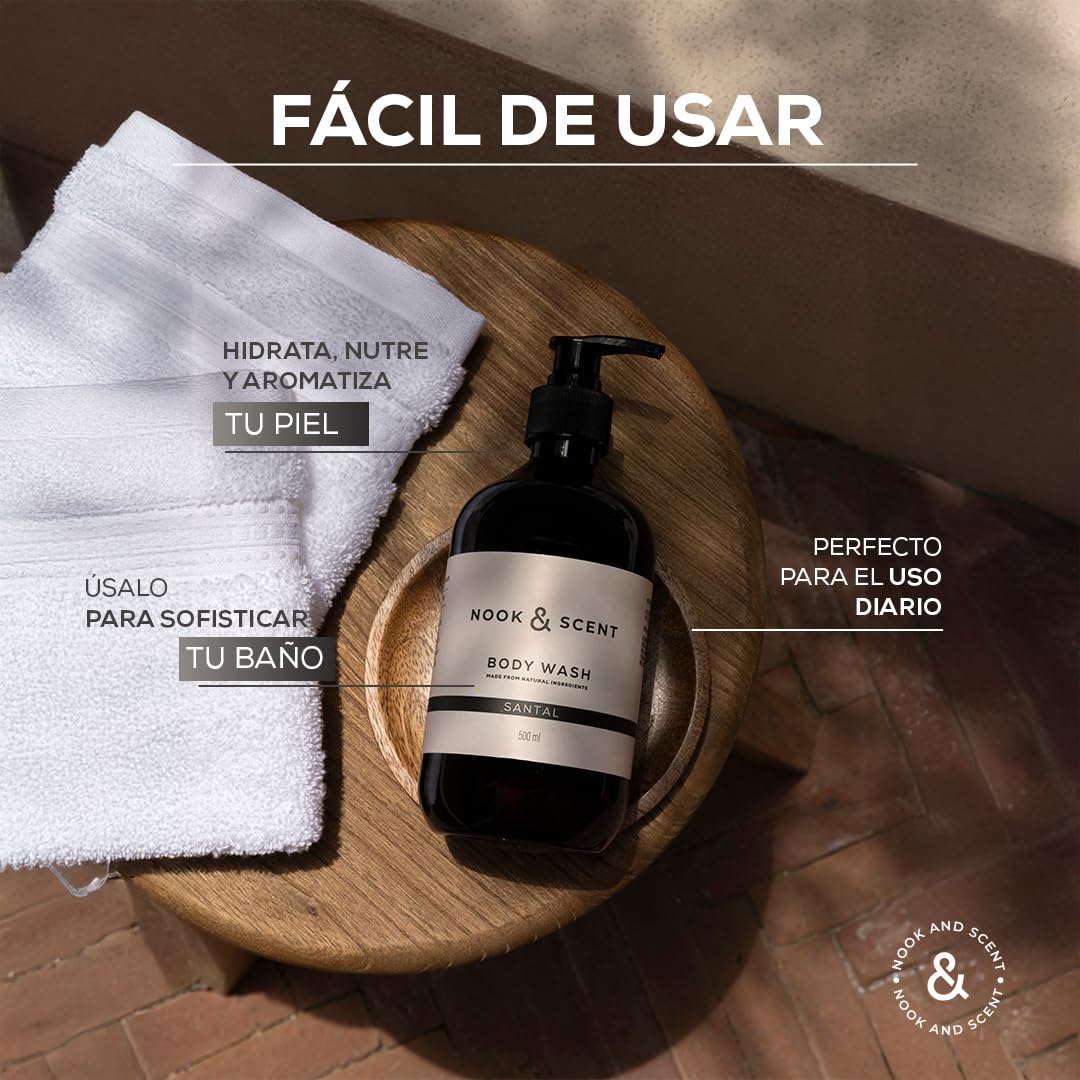 Body Wash Santal | 500 ml | Limpieza e Hidratación | Libre de Sulfatos y Parabenos, Vegano, Aceites esenciales, Aroma Amaderado y Sofisticado | Gel de Baño Nook & Scent