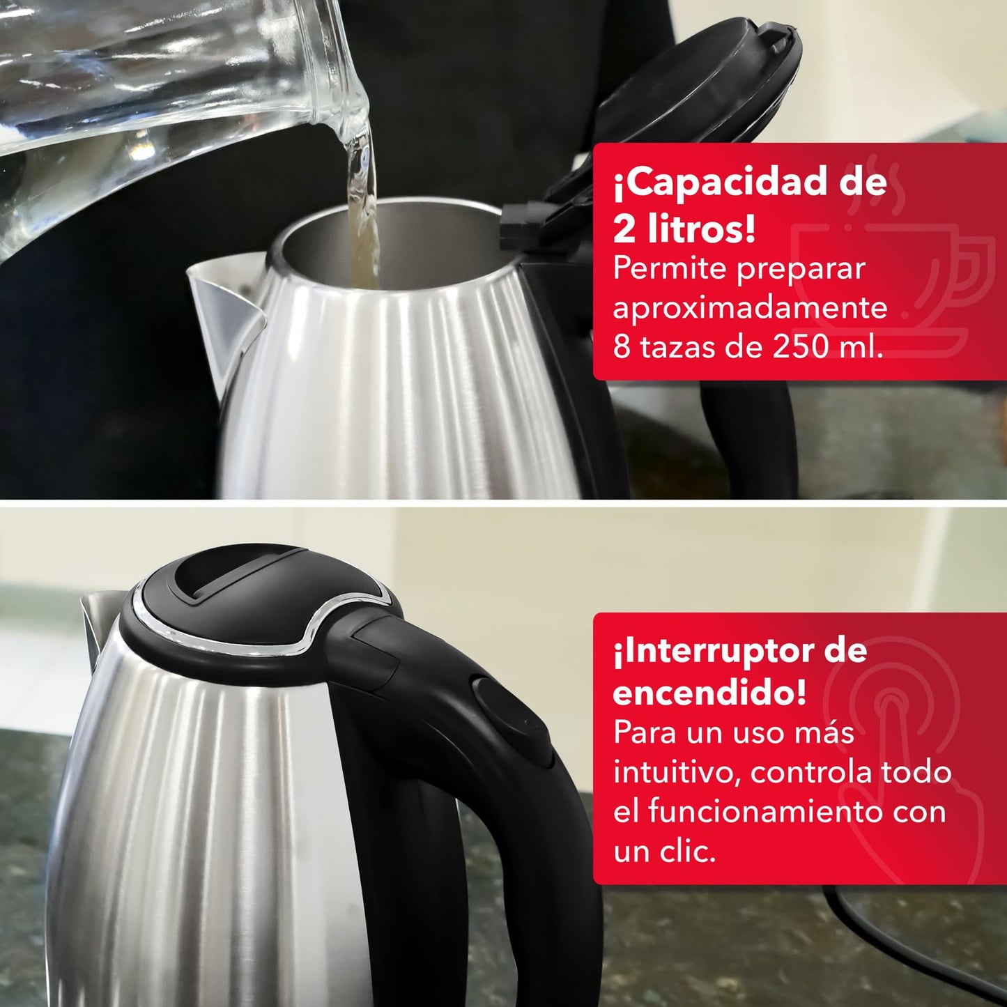 Tetera Eléctrica RCA Acero Inoxidable Luz LED Base Giratoria Apagado Automático 1.8 Litros Diseño Elegante