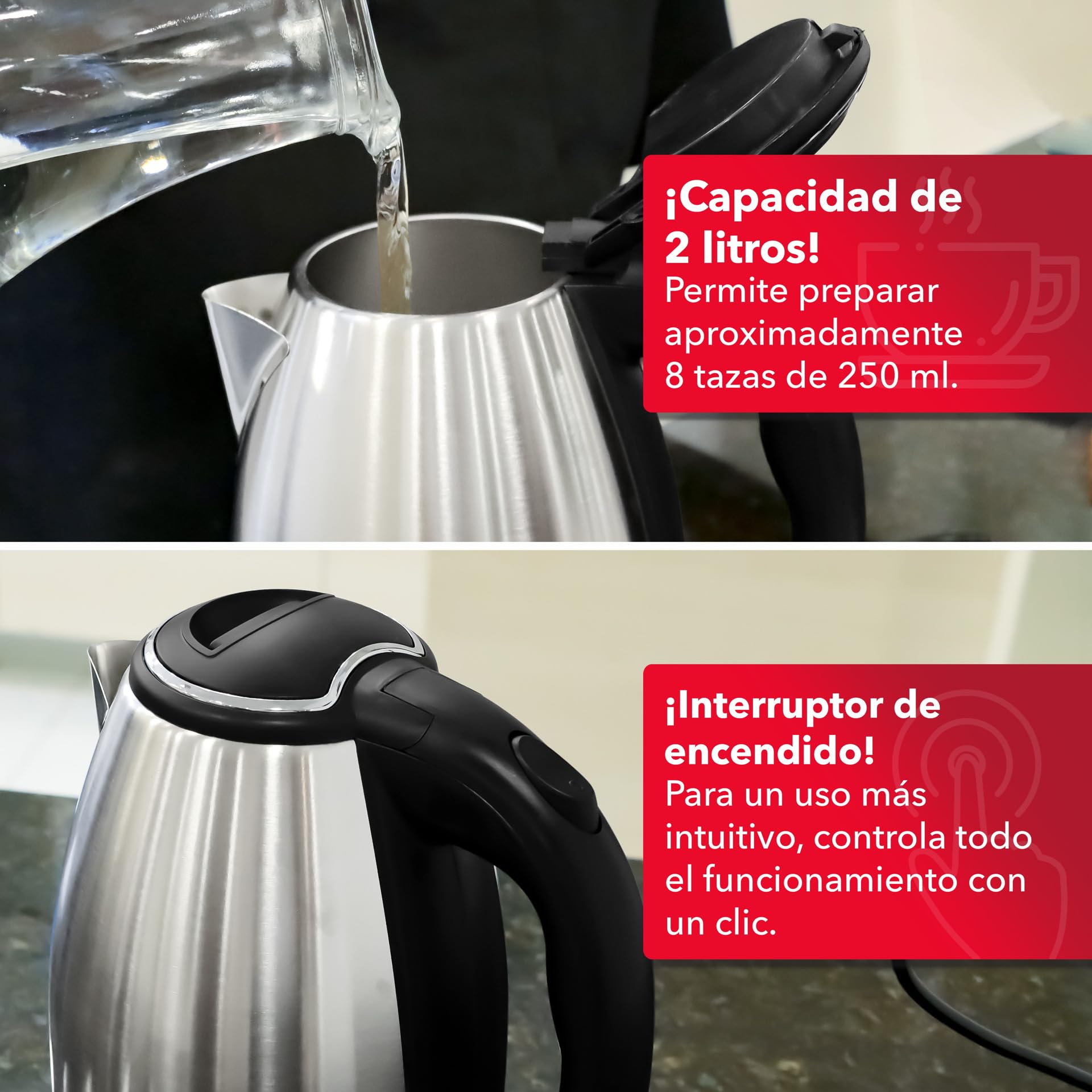 Tetera Eléctrica RCA Acero Inoxidable Luz LED Base Giratoria Apagado Automático 1.8 Litros Diseño Elegante