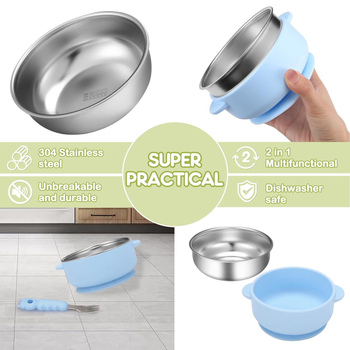 Wesketch Paquete De 2 Tazones De Acero Inoxidable Para Bebé Con Ventosa De Silicona Antideslizante Extraíble, Recipiente Antiescaldaduras Para La Alimentación Del Bebé. Incluye Tenedores Y Cucharas, A