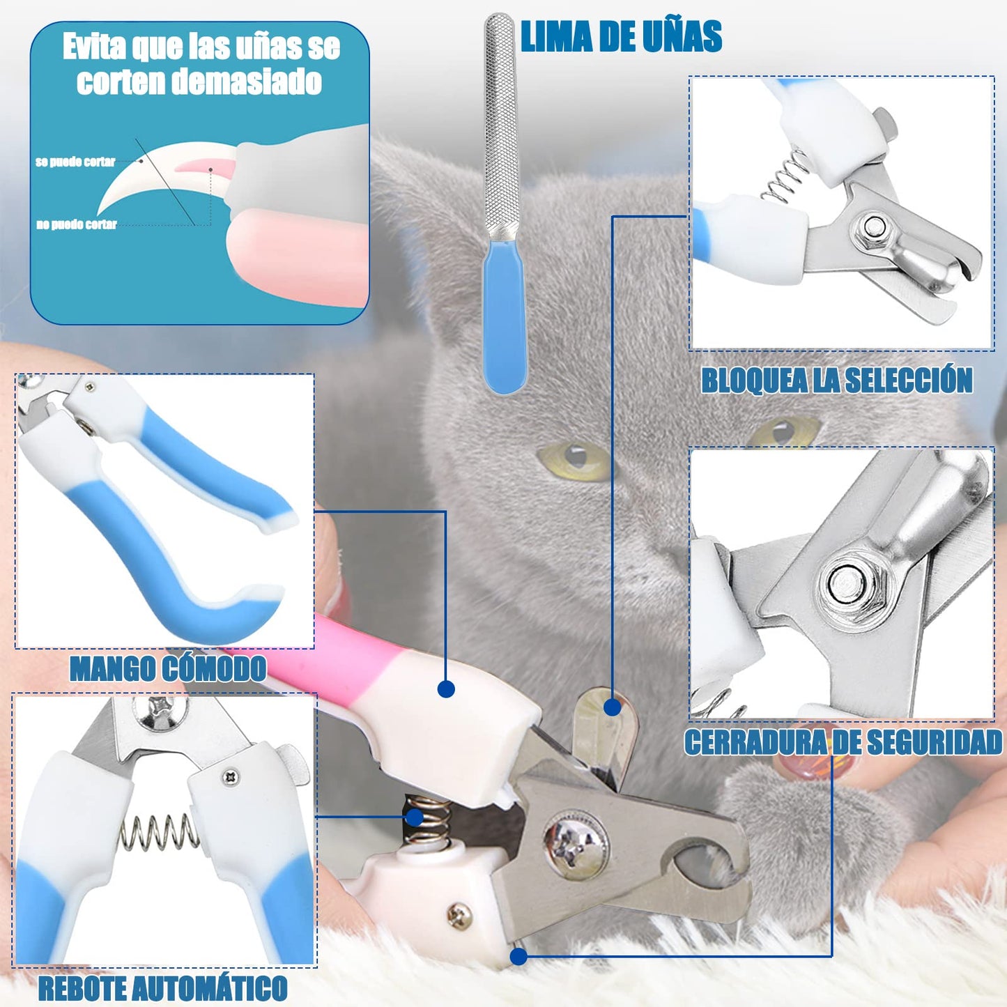 Cepillo para Perros y Gatos, 5 en 1 Herramientas de Aseo para Mascotas, Cepillos para Pelo Largo y Corto, Peine de Limpieza, Cepillo de Desprendimiento, Cortaúñas, Especializado para Depilación Masaje y Peinado, Azul