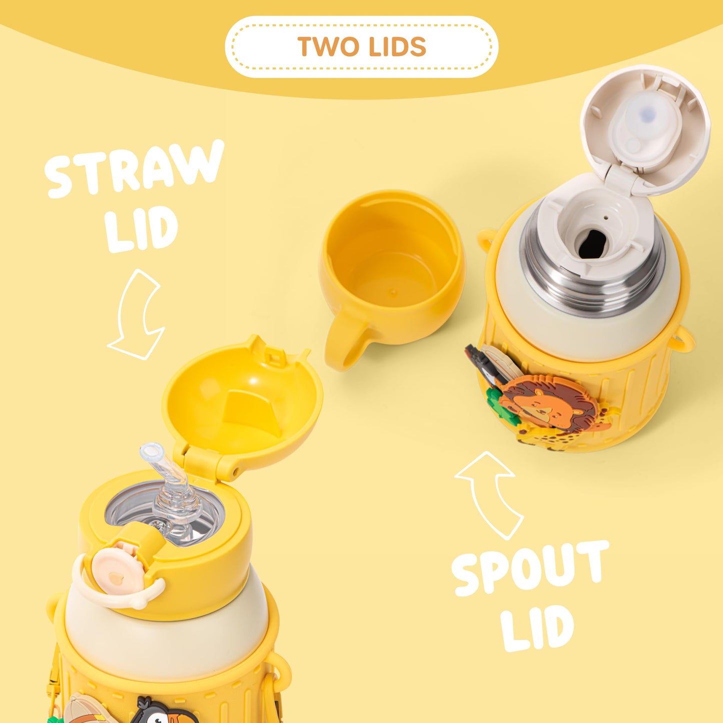 Le Glacier - Juego de vasos aislantes para niños, 16 onzas, botella de agua de acero inoxidable con tapa de popote y tapa para verter, taza a prueba de fugas, funda de silicona, dijes y correa