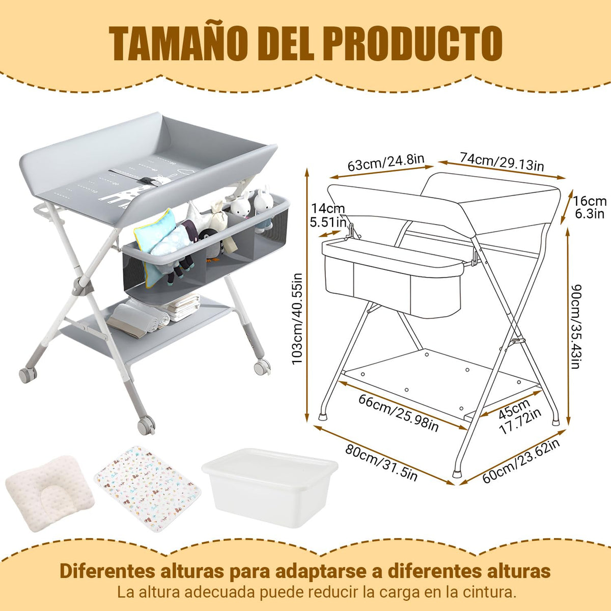 Cambiador para Bebe, Gris Multifuncional con Altura Ajustable, Mueble Cambiador para Bebe, Plegable con Ruedas, Cómoda Cambiador para Bebe, 3 Alturas Ajustables, con Barra Secar Ropa, Canasta Almacenamiento, Ruedas silenciosas universales