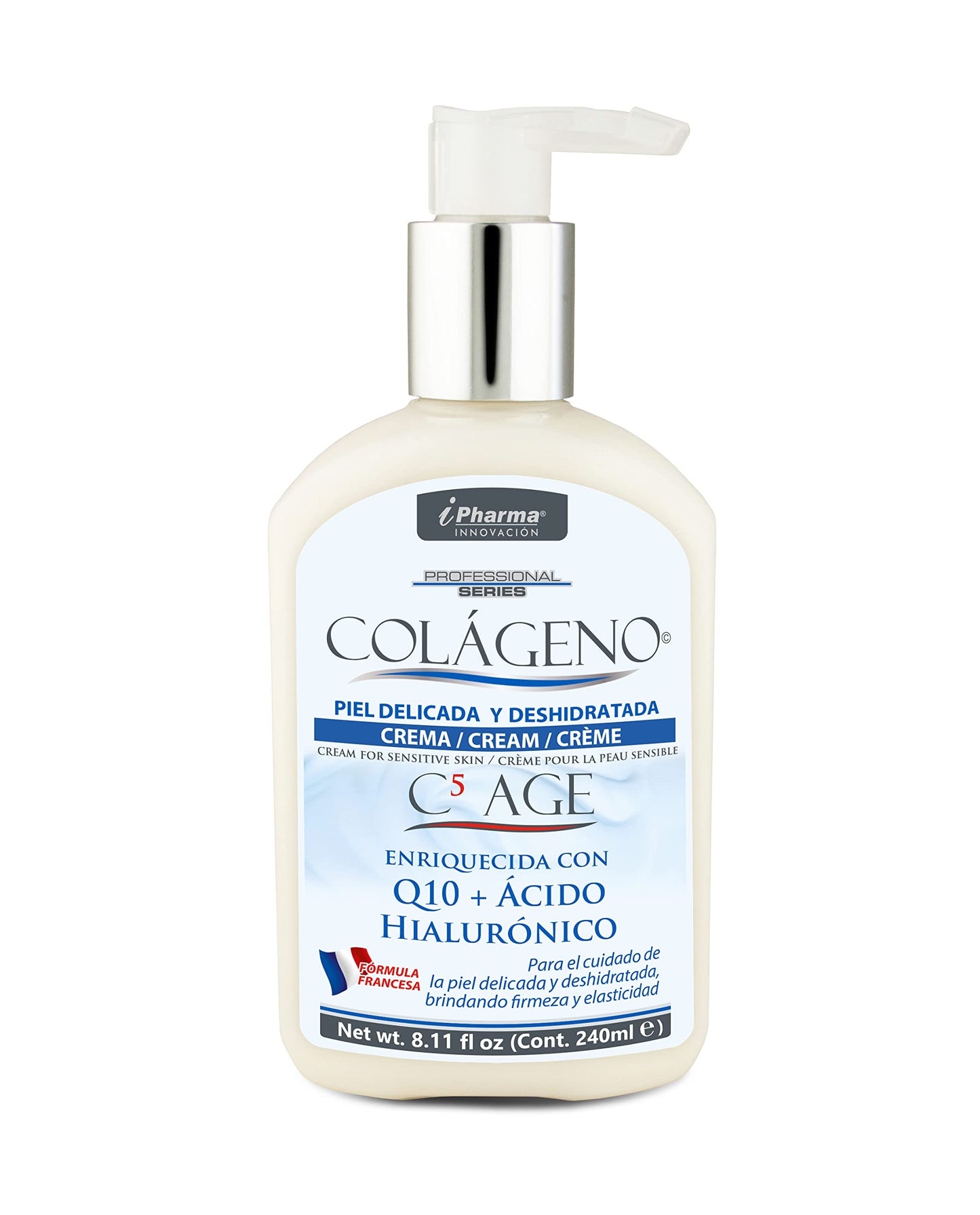 Crema con Péptidos de Colágeno tipo l lll llV Vll y XVll Enriquecida con Ácido Hialurónico, Q10 Colágeno C5 AGE 240 ml