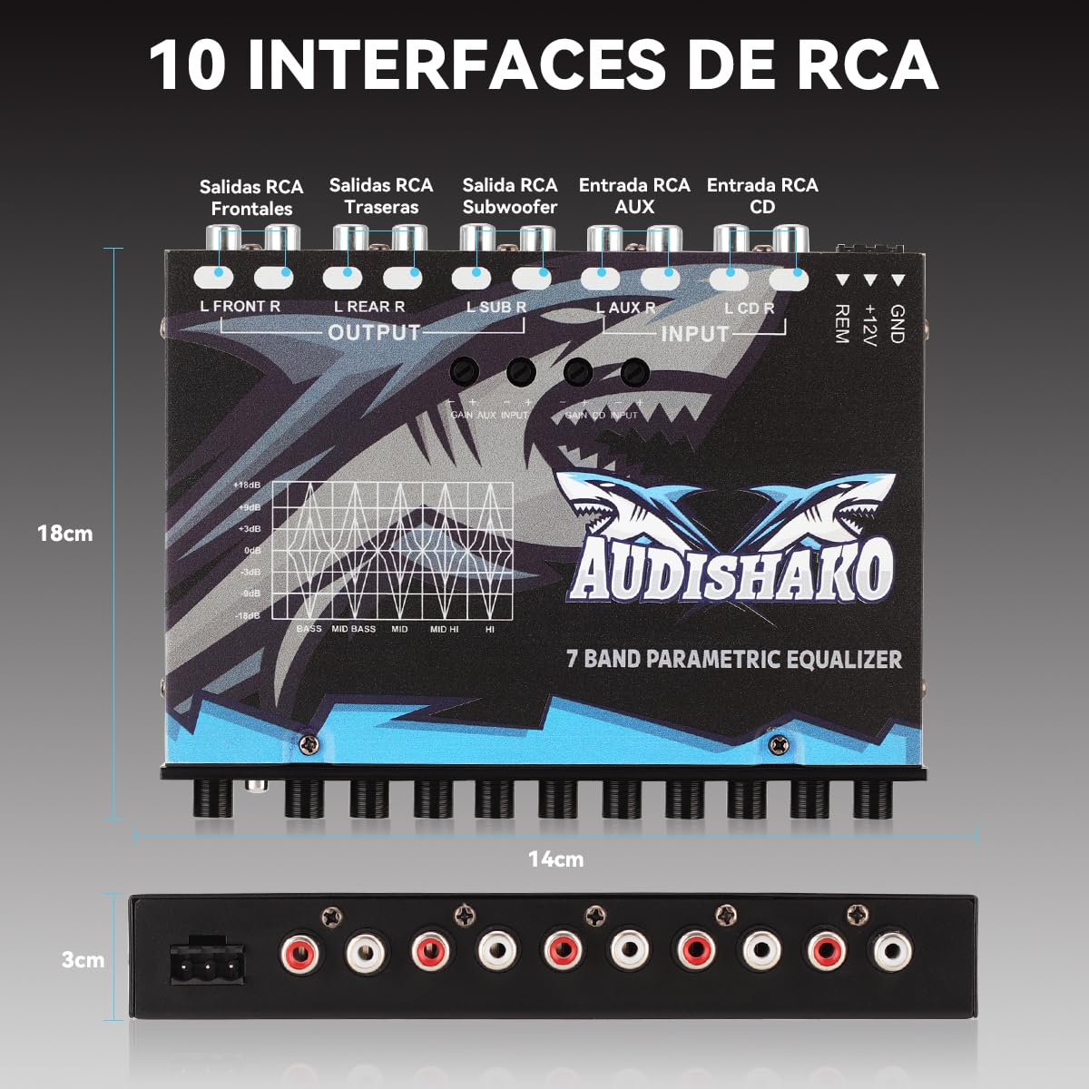 Ecualizador de Automóvil AUDISHAKO Negro con 7 Bandas y 4 Entradas RCA para Coches, Camionetas y Todoterrenos