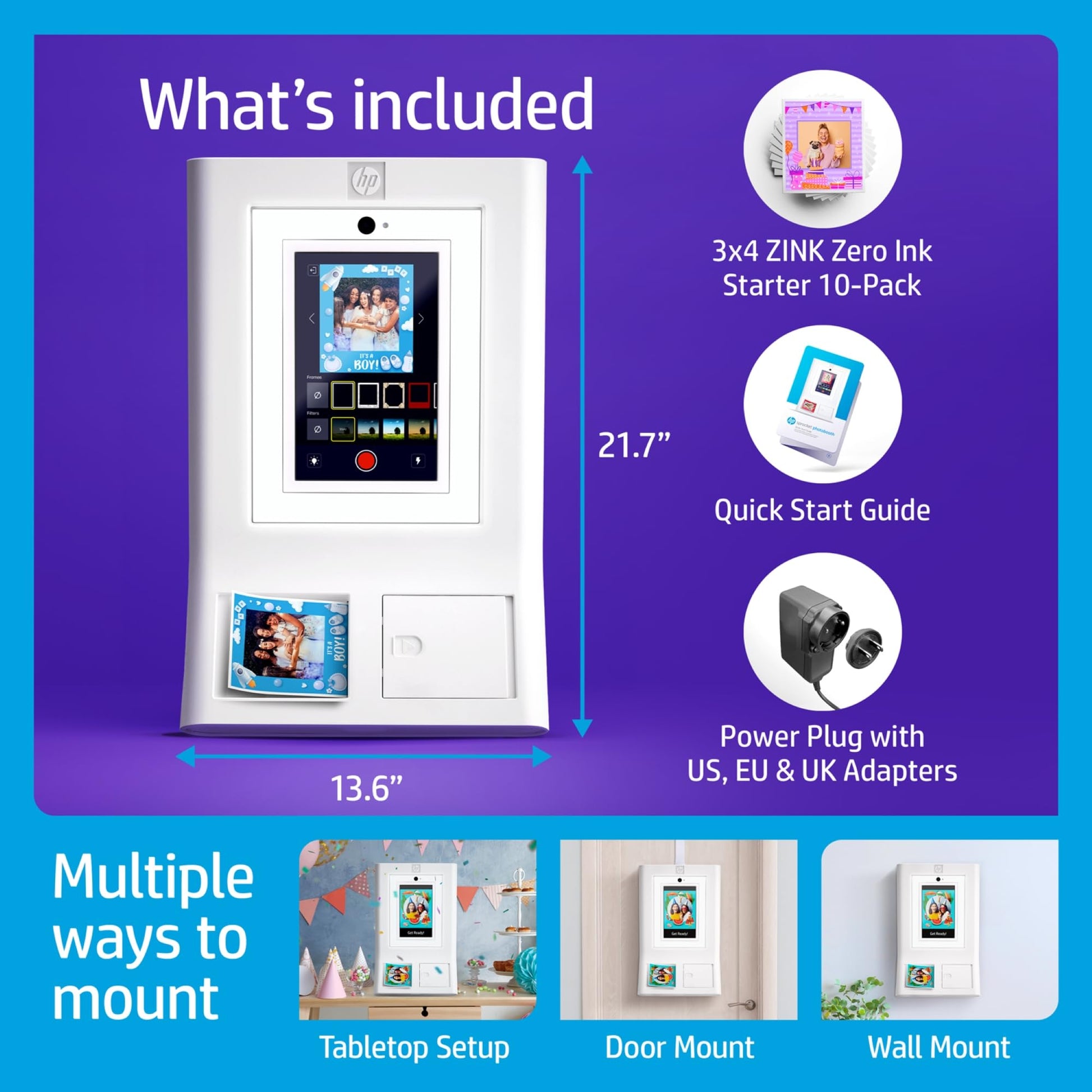 HP Sprocket Photobooth 3x4 Colour Photo Printer (White) – 250+ Frame, Zink Paper, WiFi, LED Ring Light, Touch Screen & Mobile App.