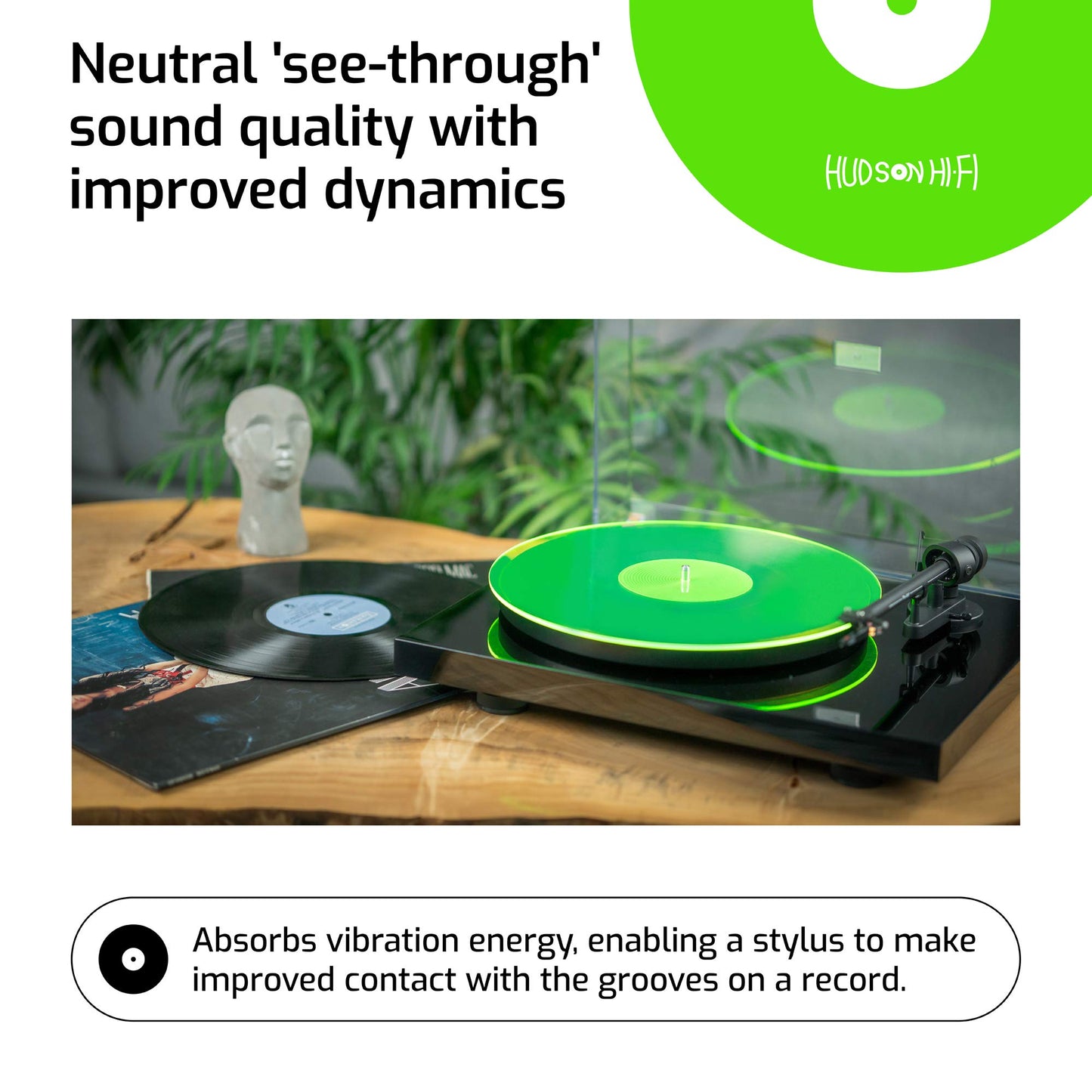 Hudson Hi-Fi Estera giratoria de acrílico - LP Slipmat para tornamesas y Tocadiscos de Vinilo - GreenLit - Verde Neon