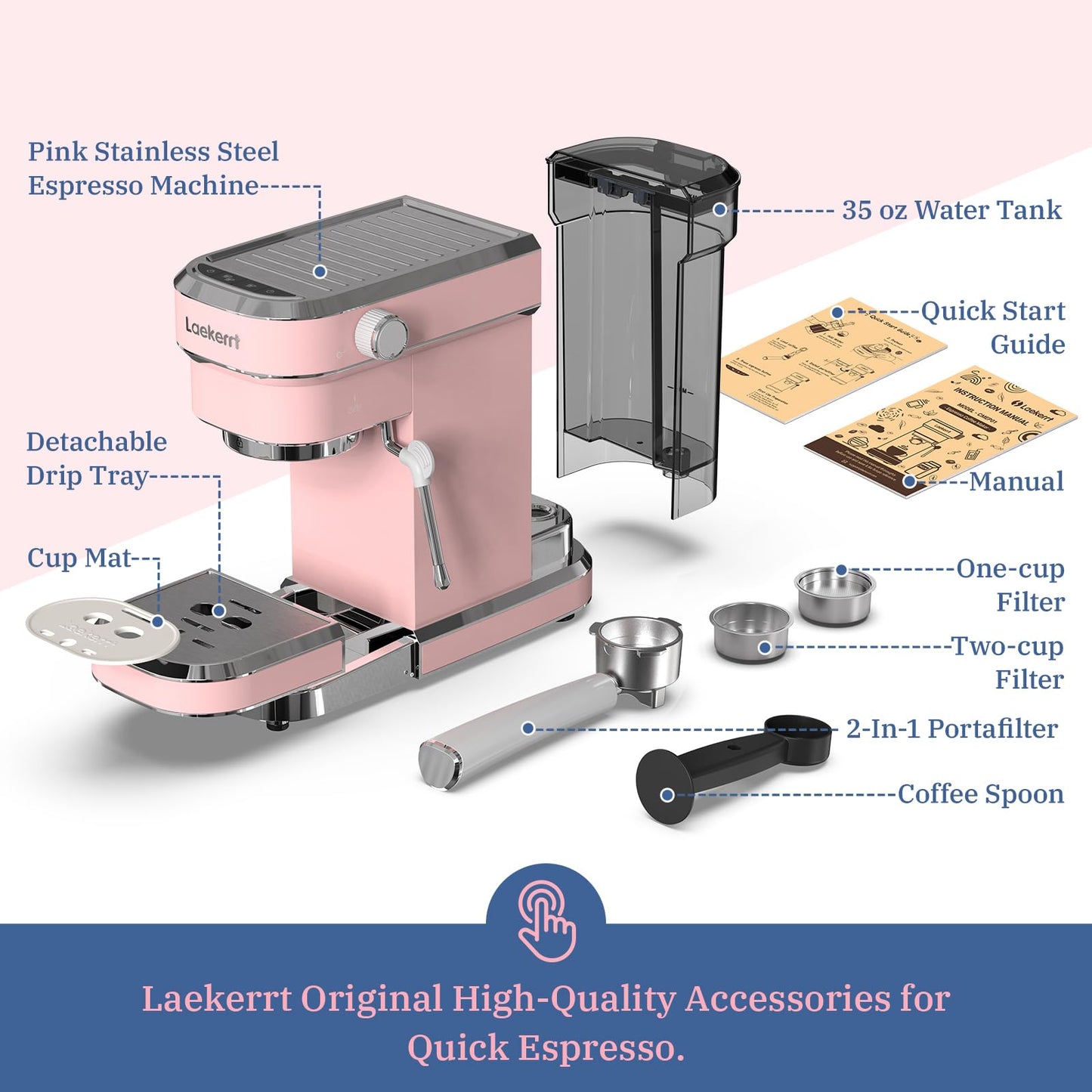 Laekerrt Máquina de café exprés profesional de 20 bares, con espumador de leche, casera de acero inoxidable para capuchino y café con leche, regalo para mujeres, esposa, hija o mamá, color rosa