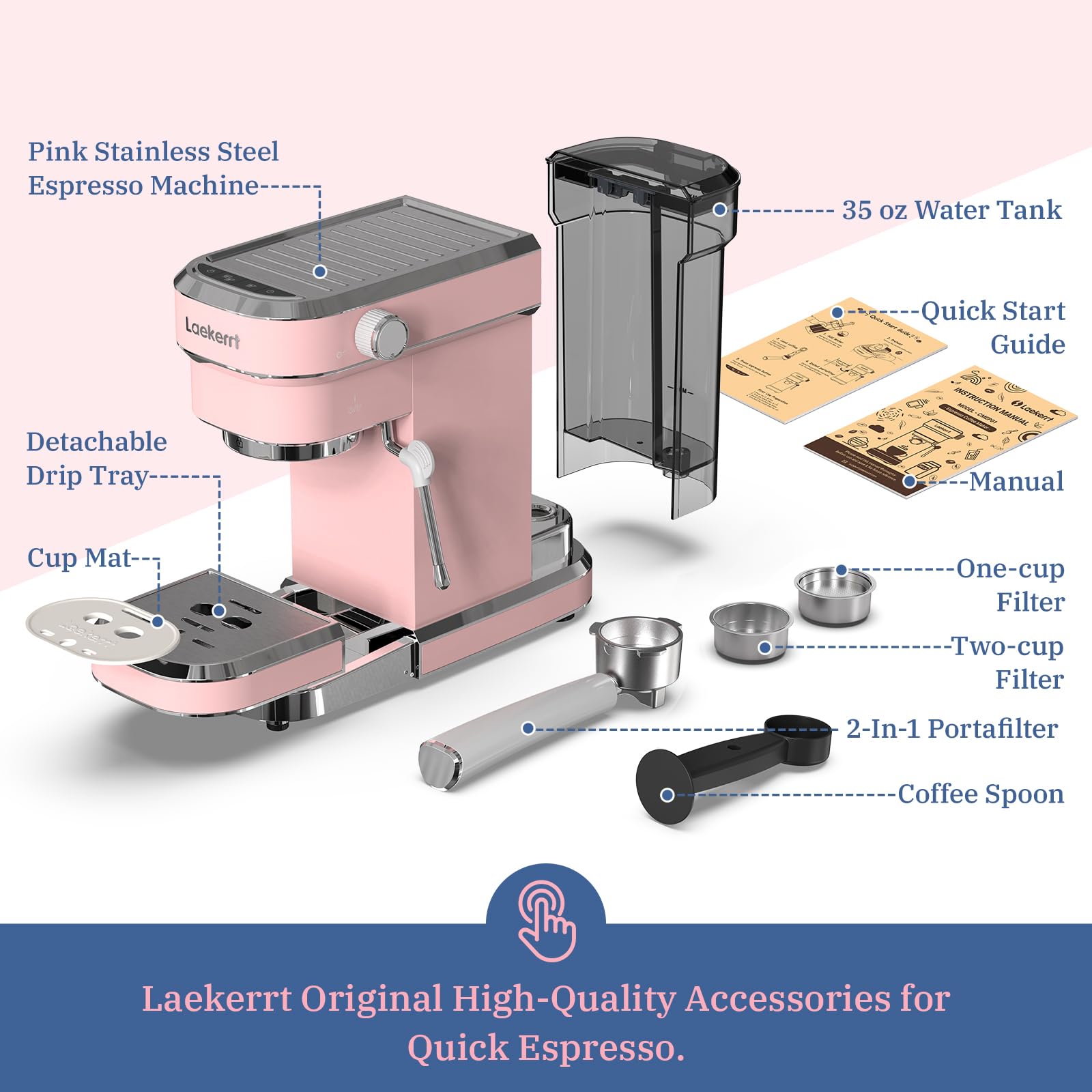 Laekerrt Máquina de café exprés profesional de 20 bares, con espumador de leche, casera de acero inoxidable para capuchino y café con leche, regalo para mujeres, esposa, hija o mamá, color rosa