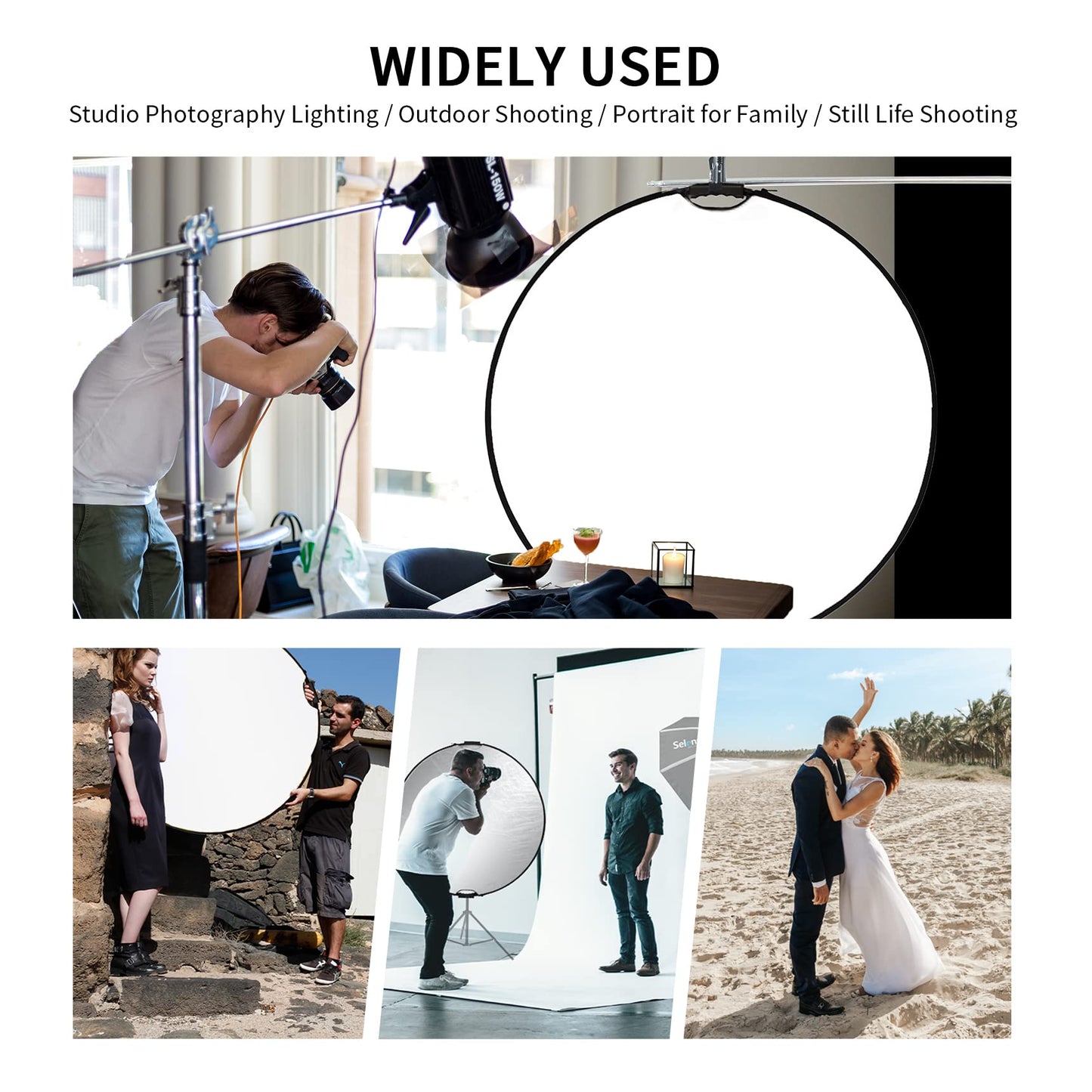 Selens Reflector de fotografía de 43 pulgadas (110 cm), reflector de luz plegable con funda de transporte, reflector 5 en 1 para iluminación de estudio fotográfico, translúcido, plateado, dorado, blanco y negro