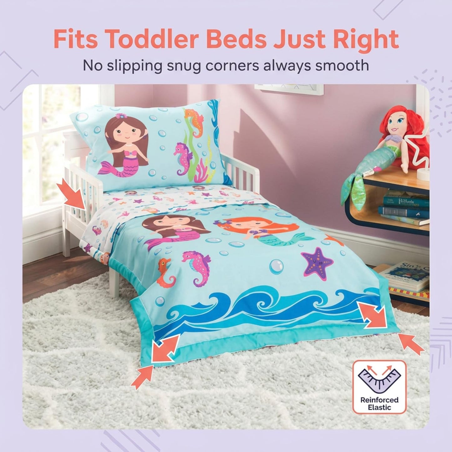 EVERYDAY KIDS Juego de ropa de cama de 4 piezas para niños pequeños -Aventura de Sirenas Submarinas- Incluye edredón, sábana encimera, sábana bajera y funda de almohada reversible