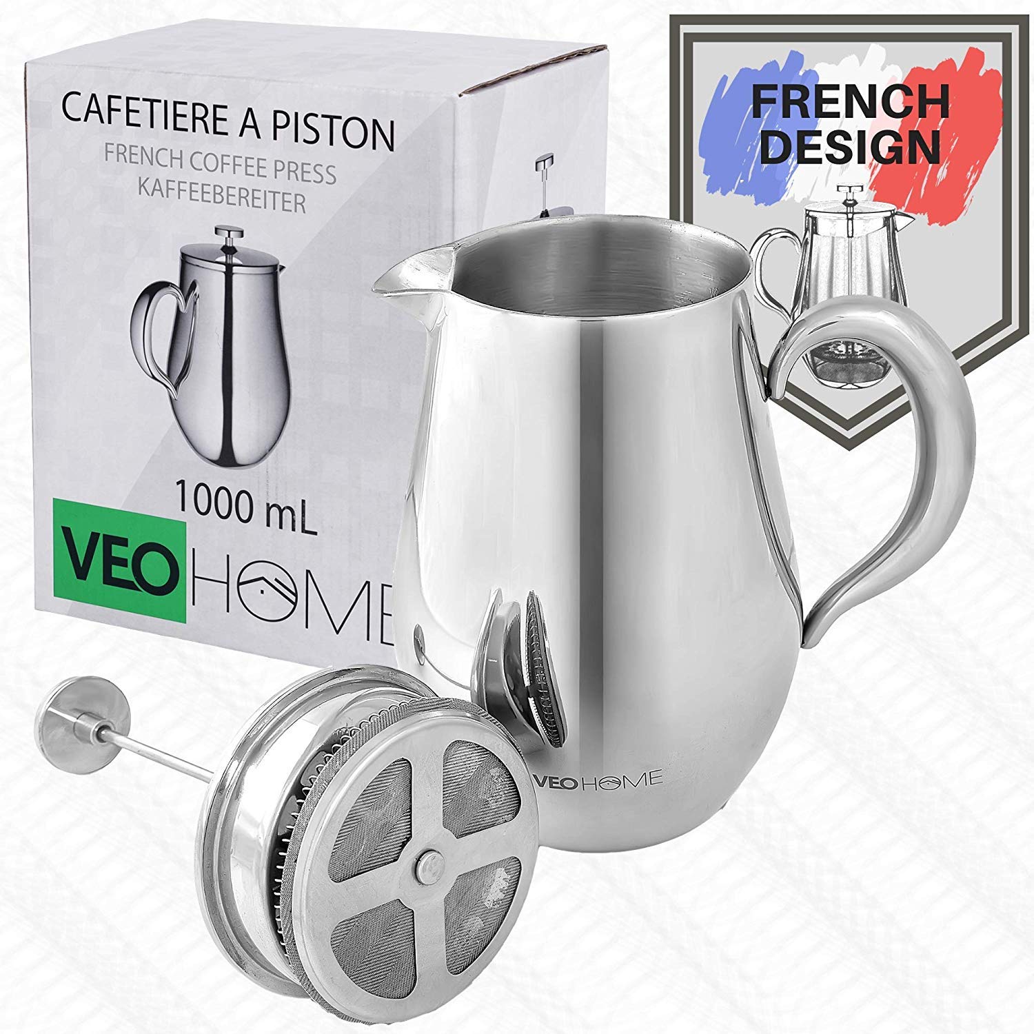 Cafetera de Pistón VeoHome Acero Inoxidable Irrompible 1 Litro