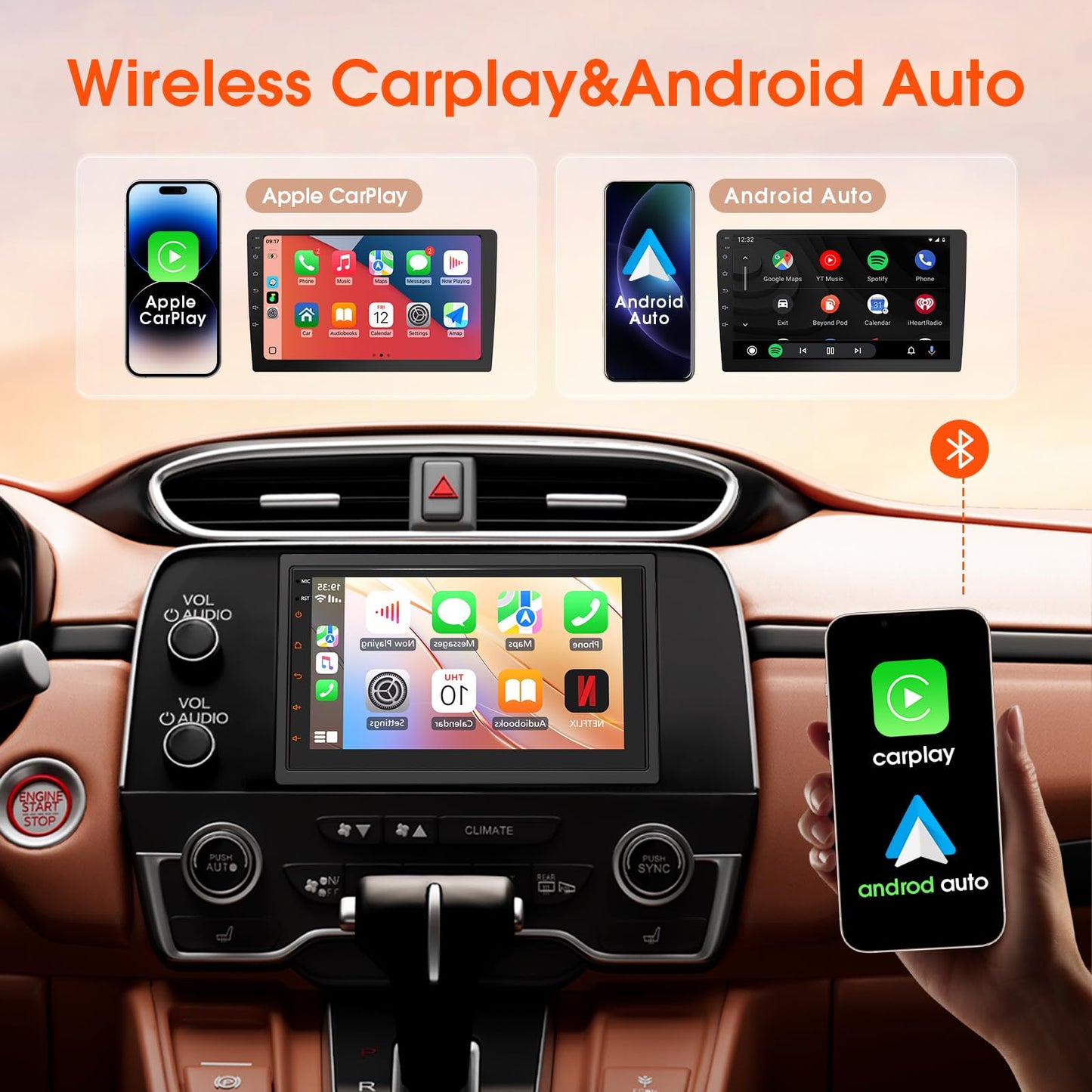 Haudio Estéreo de coche doble din, visualización táctil HD de 7 pulgadas con Apple Carplay y Android Auto, enlace espejo, Bluetooth 5.4, SWC, subwoofer, 5.1 CHN, cámara de respaldo, 2+64 GB, receptor