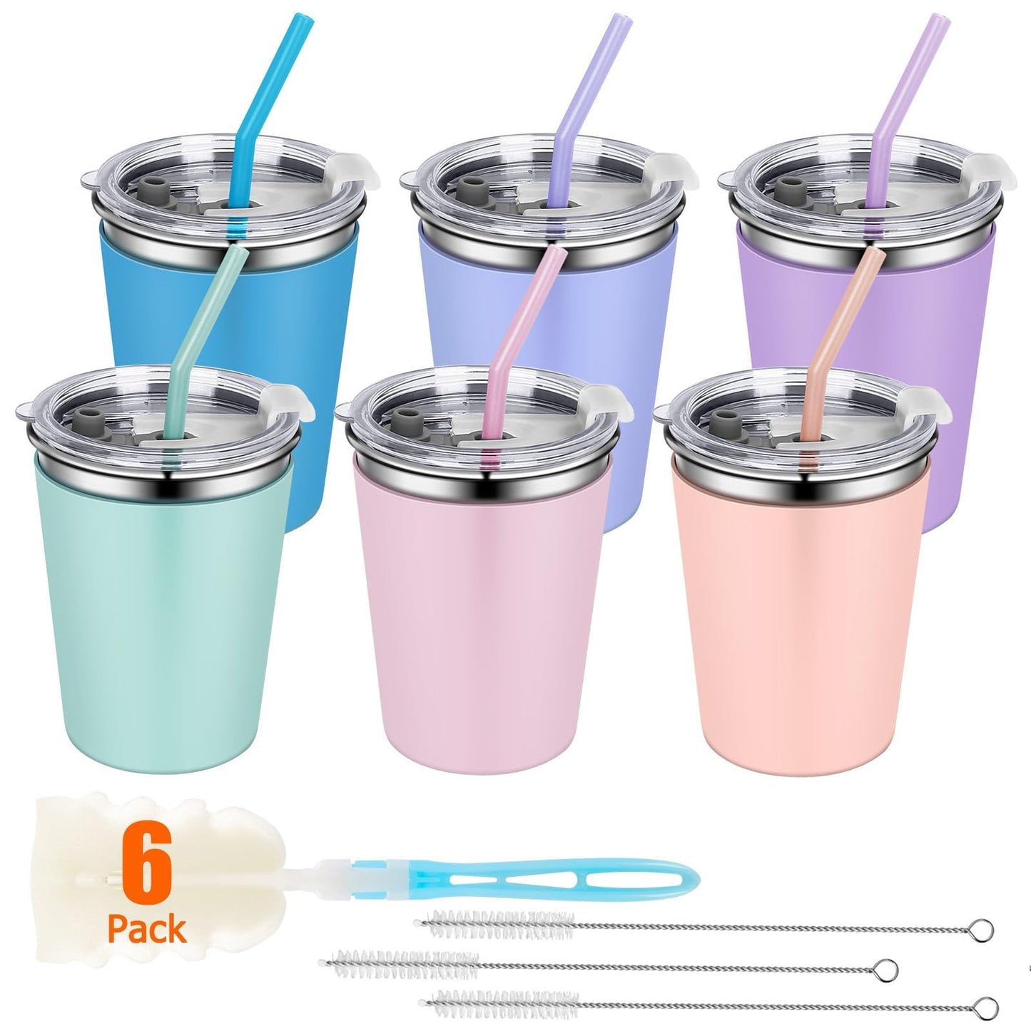 Tazas Rommeka para niños con pajitas y tapas, tazas sippy de 12oz con fundas de silicona de 6 colores a prueba de derrames, tazas de acero inoxidable para niños, bebés y adultos
