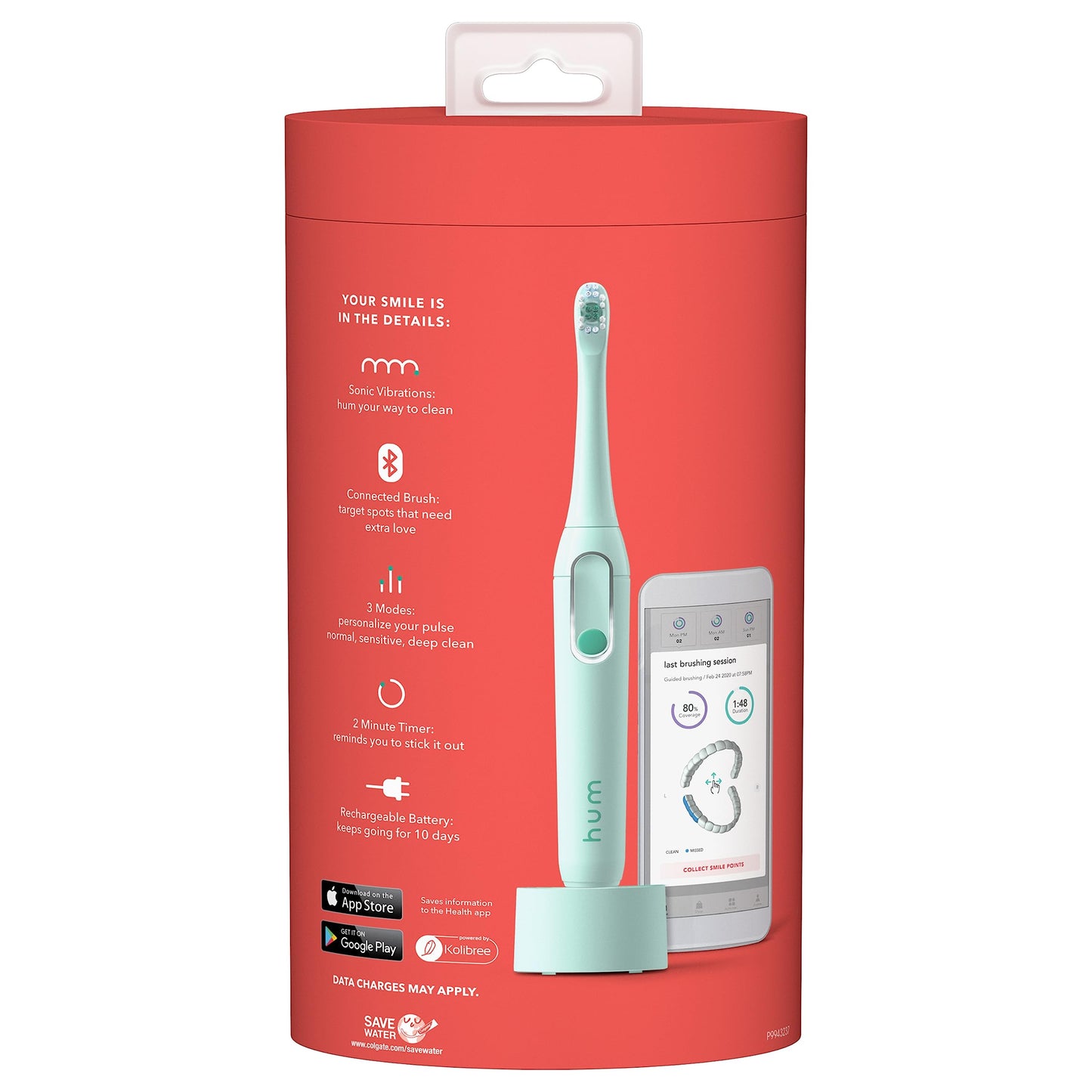 hum by Colgate Kit de cepillo de dientes eléctrico inteligente, cepillo de dientes sónico recargable con estuche de viaje, verde azulado